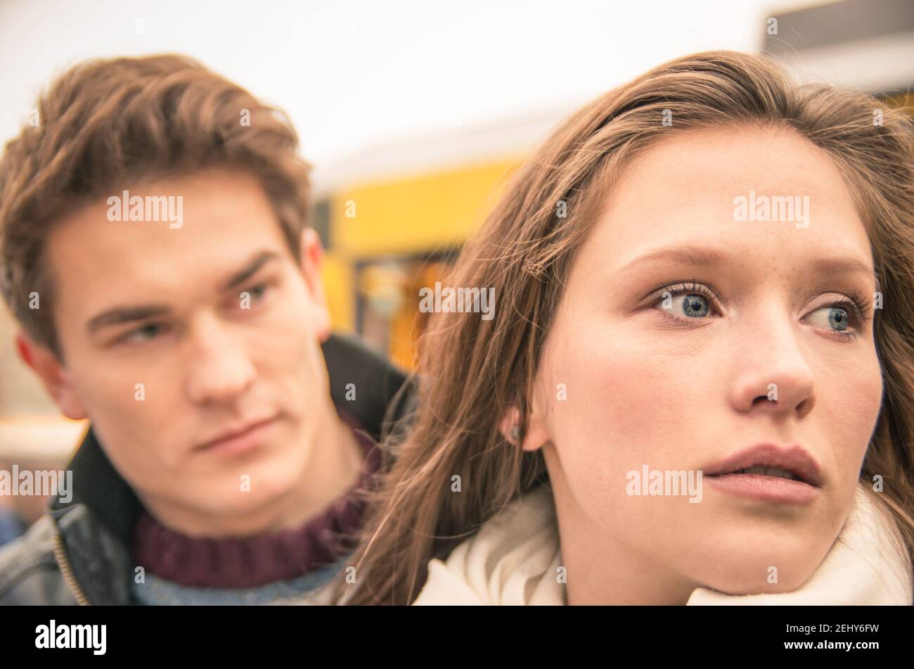 Couple during break up - Sad young woman Stock Photo