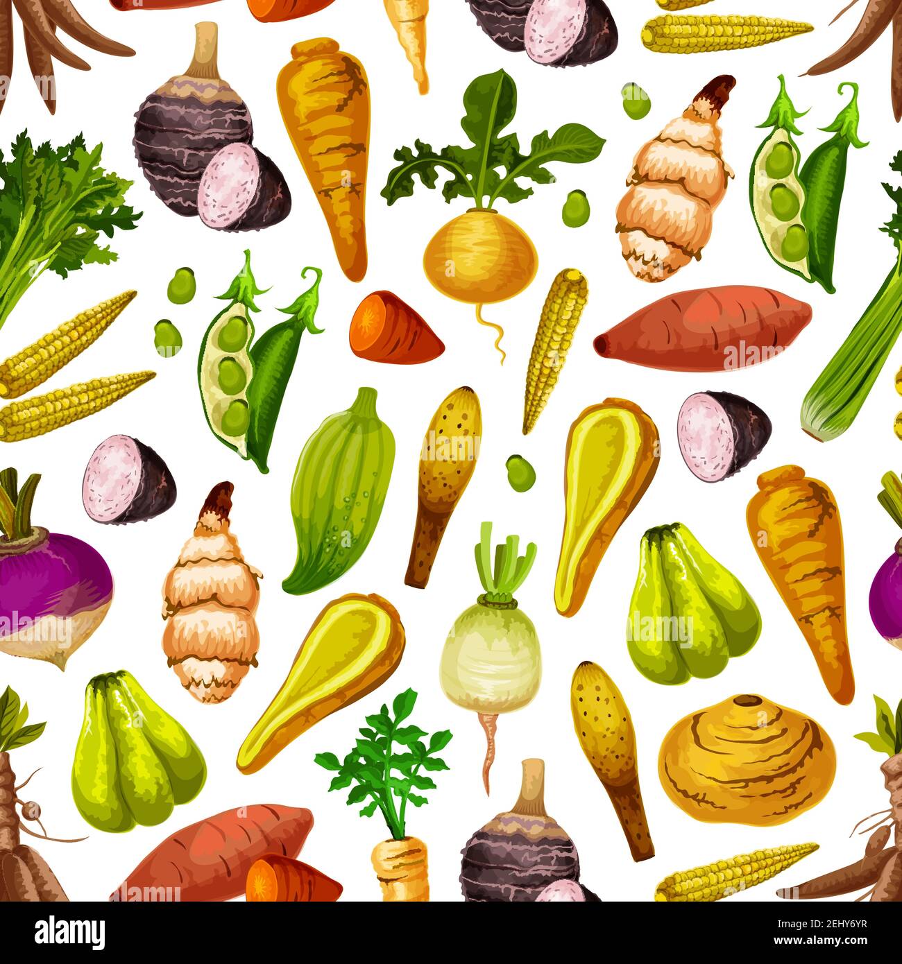Exotic vegetable seamless pattern. Vector peas and baby corn, celery and sweet potato, turnip and radish, parsnip and taro. Arrakacha and swede, cassa Stock Vector