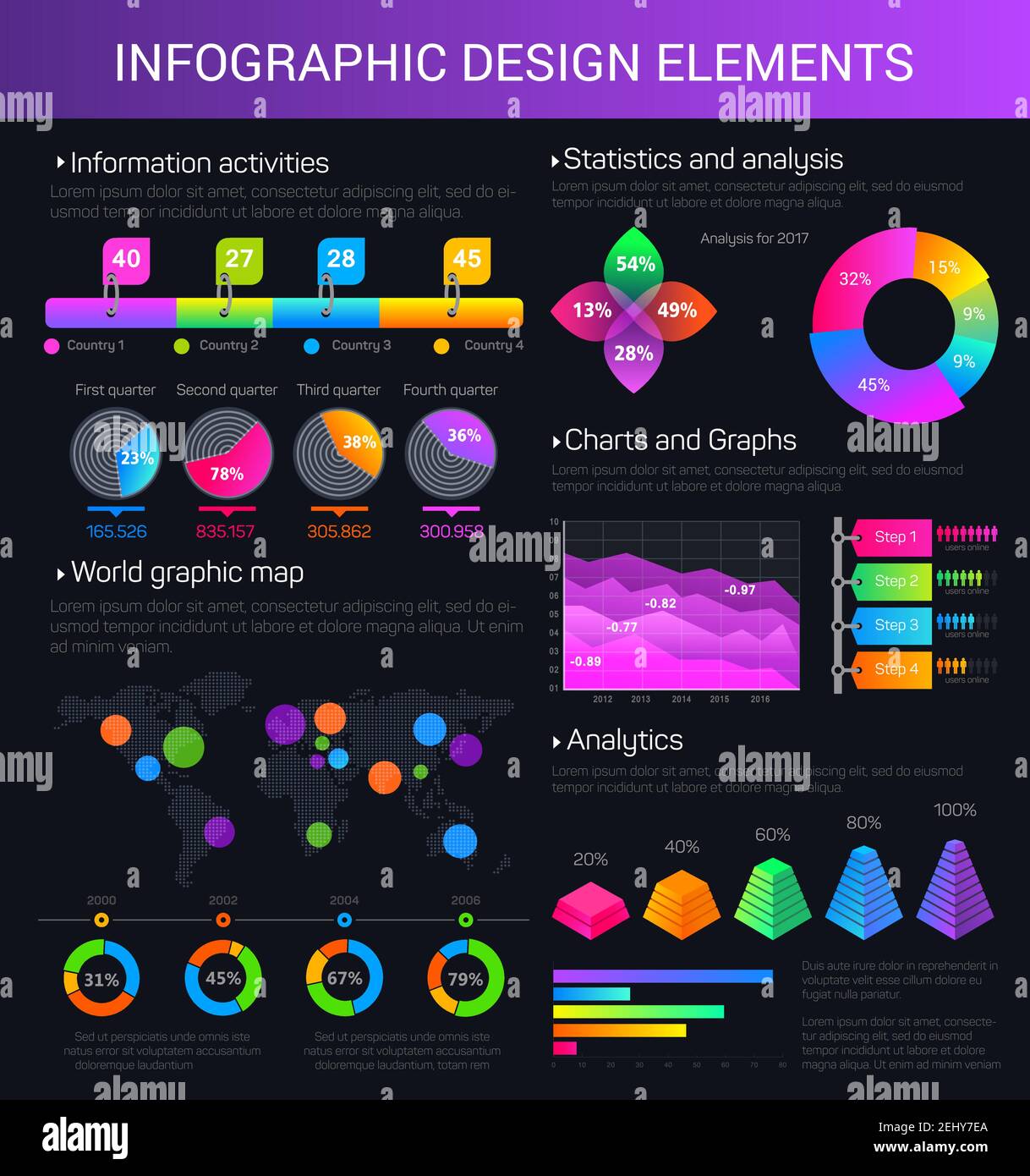 Infographic design elements with world map and pointers, pie chart ...