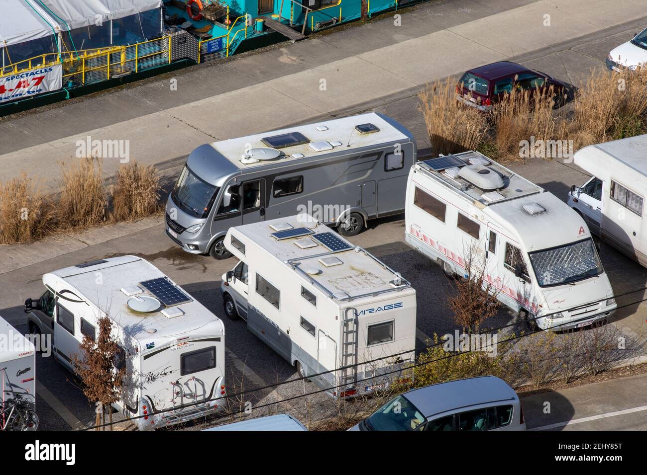 Illustration picture shows camper vans pictured during sunny weather conditions in the center of Floreffe, Saturday 20 February 2021. 17 degrees are e Stock Photo