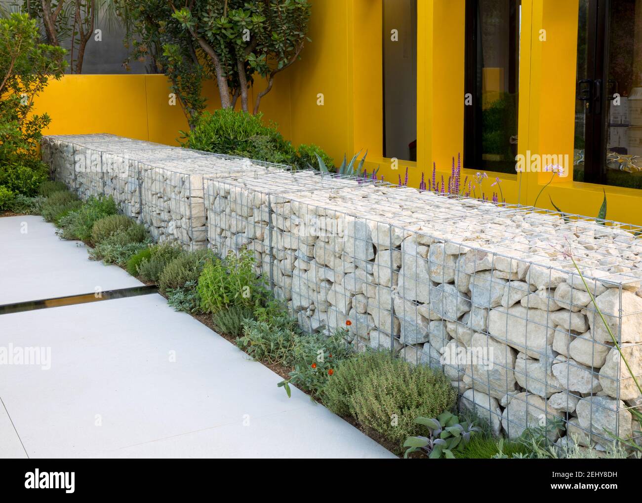 Mediterranean garden with stone filled gabion wall, a border of mixed herbs and a grey stone patio with a rill water feature England GB UK Stock Photo