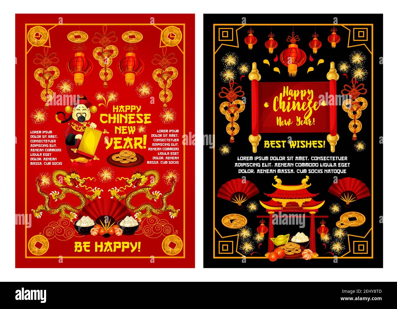 Happy Chinese lunar New Year greeting card of golden decorations and