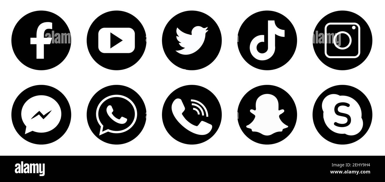 Social media icons. Black colored icon set illustration. facebook twitter, instagram, youtube, snapchat, whatsap, viber skype tiktok Stock Vector