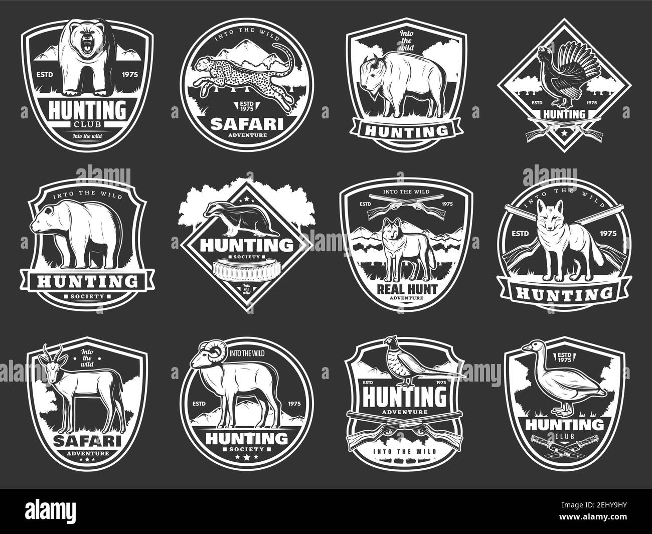 Hunting open season and hunter society club badges. Vector isolated icons of bear, cheetah or wolf and fox, hunter wild birds and African safari anima Stock Vector