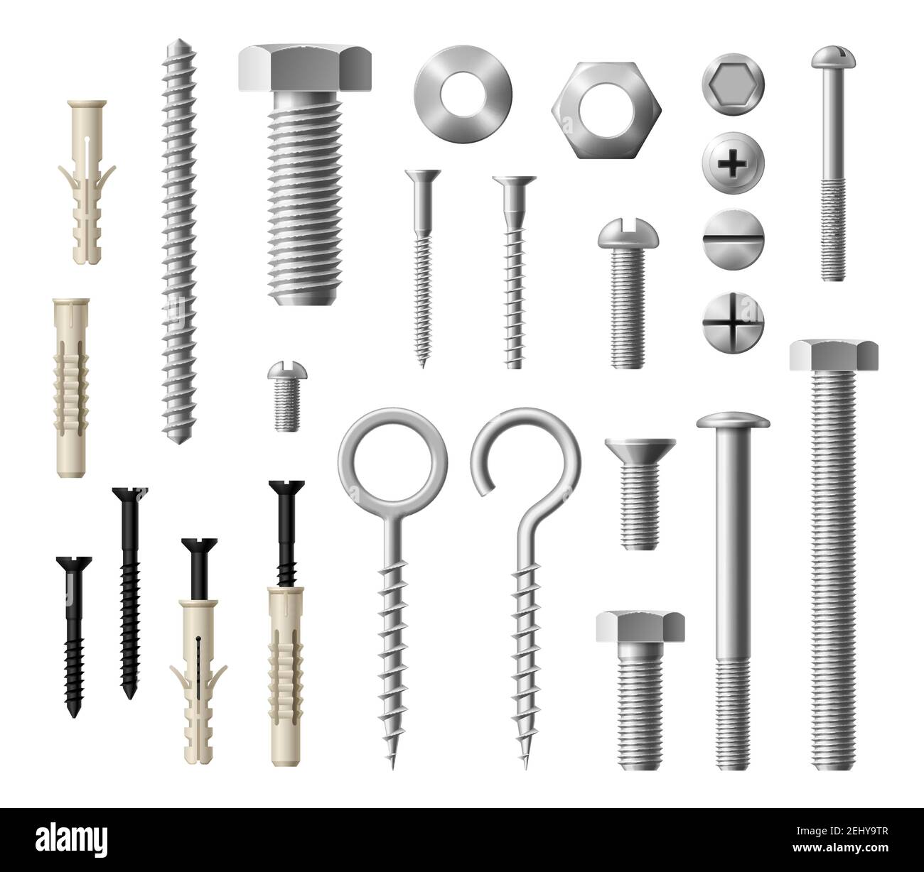 Construction fasteners isolated realistic set of screws, bolts and nuts