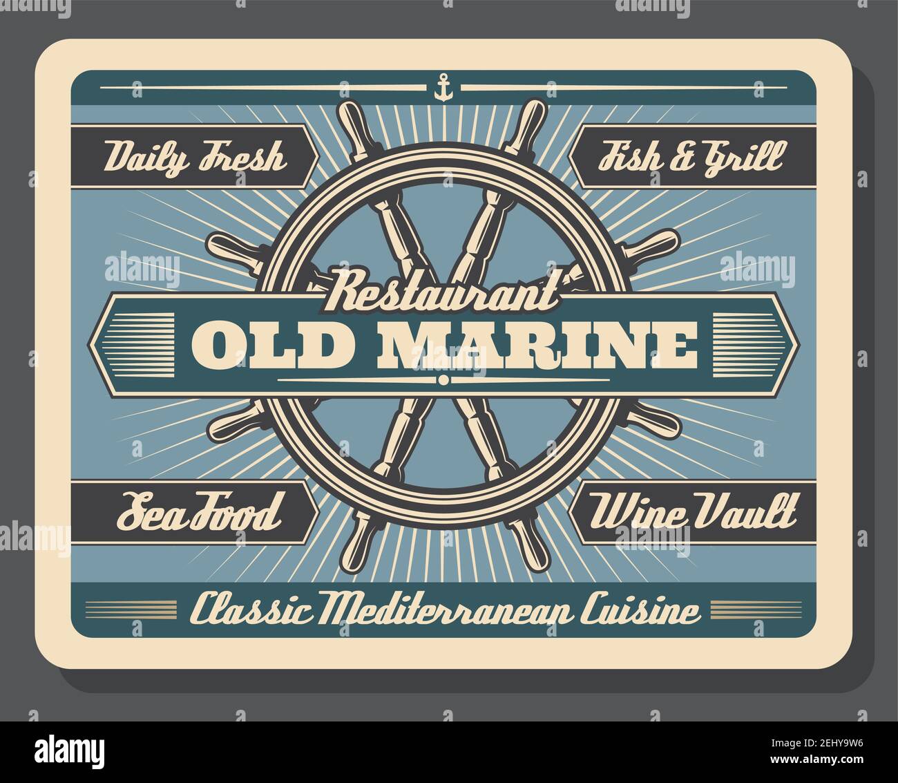 Old marine restaurant vector signboard, steering wheel or rudder. Blue navigation sign, sea and ocean food dishes Stock Vector