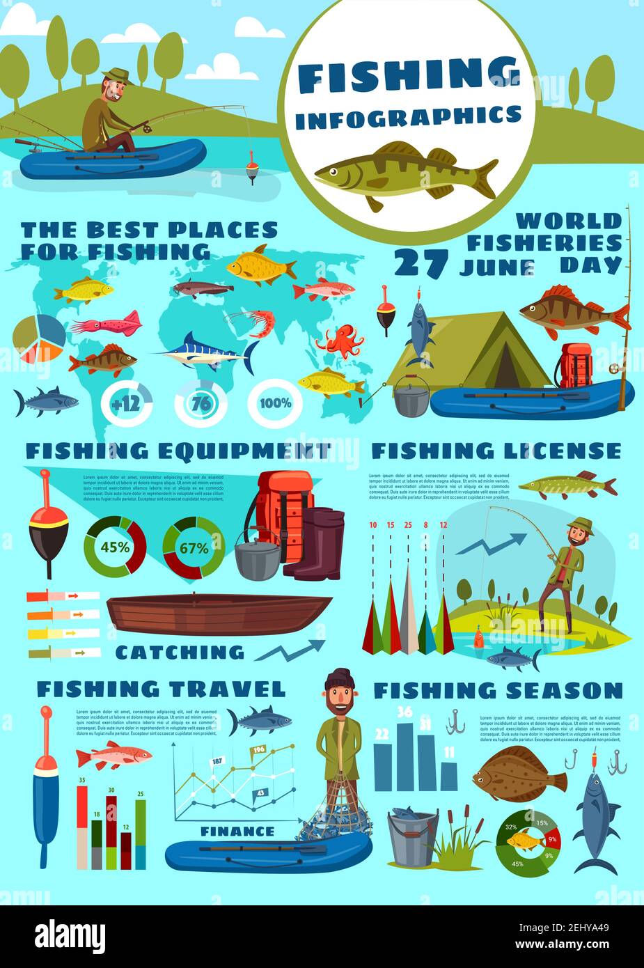Fishery infographic, fish and fishing sport equipment. Vector fisherman and inflatable boat, backpack and rod, cauldron and gumboot. Salmon, octopus, Stock Vector