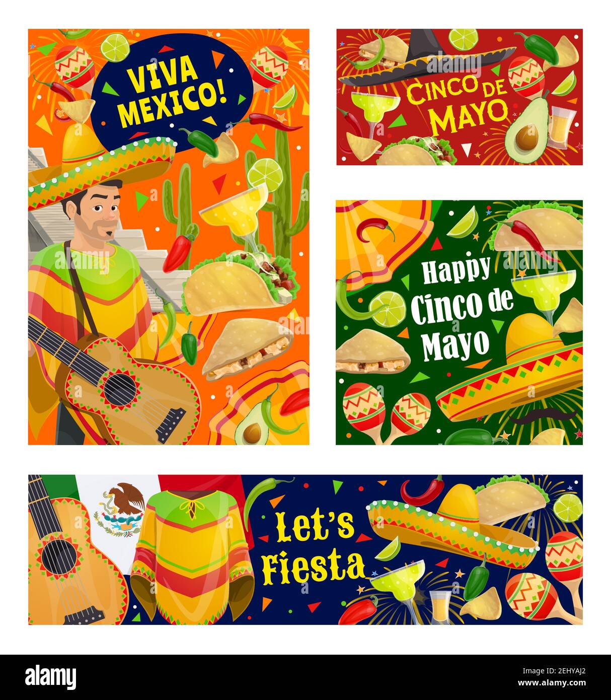 Viva Mexico and Cinco de Mayo holiday vector greeting banners. Mexican ...