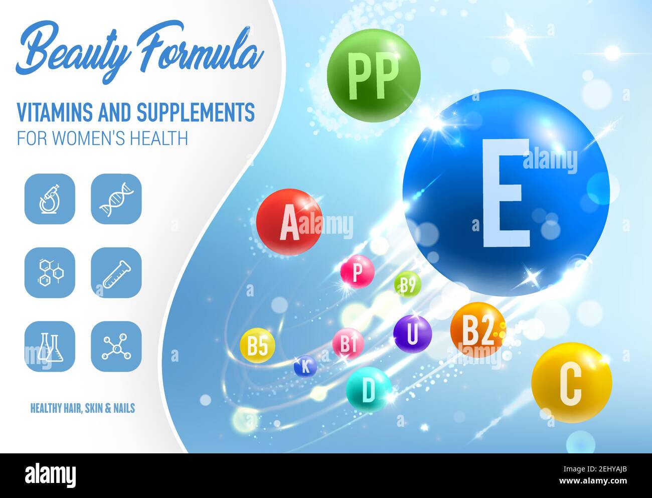 Health vitamins, minerals and dietary supplements poster. Vector woman beauty, skin and nails health multivitamin complex formula with natural C, E an Stock Vector