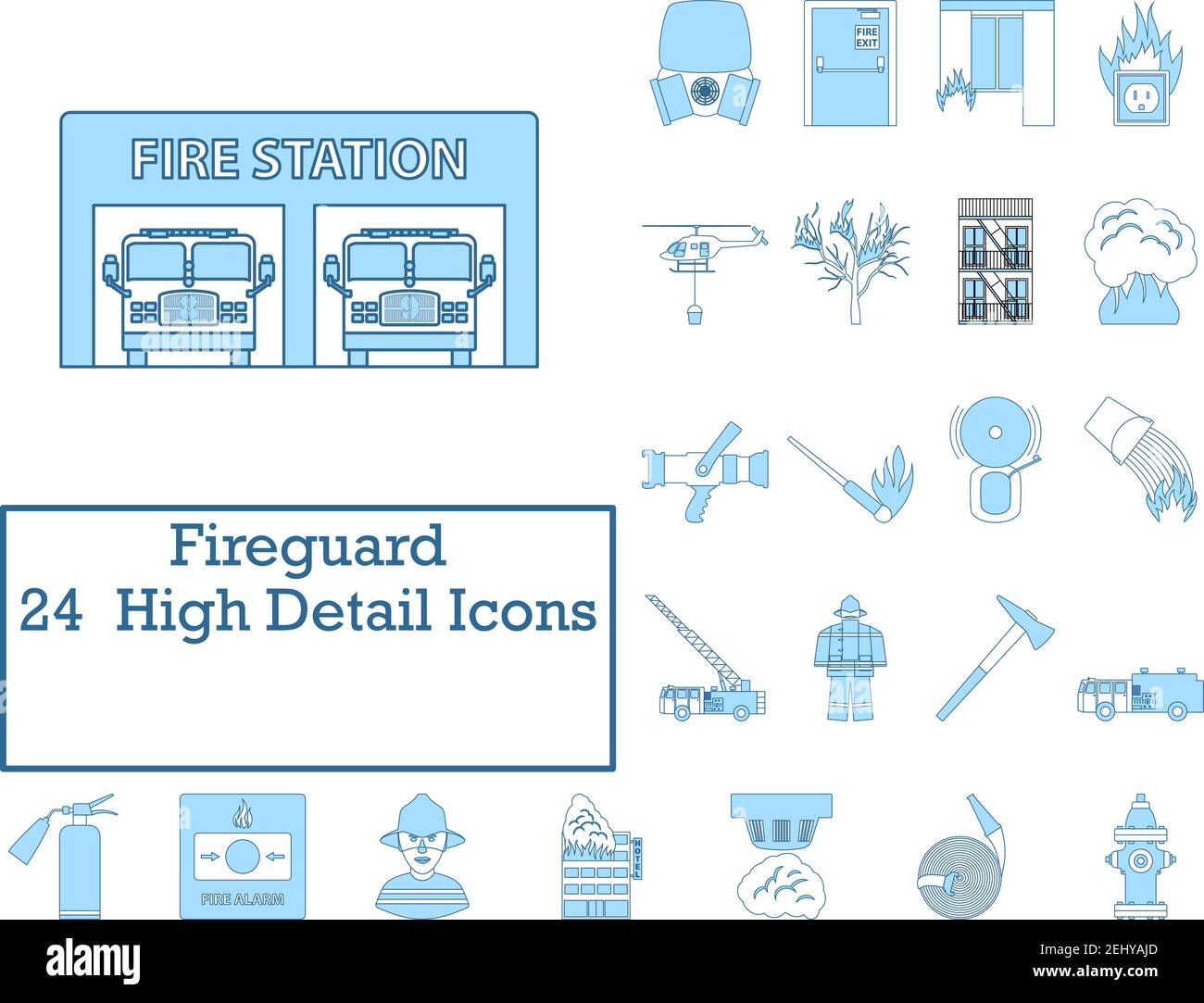 Fireguard Icon Set. Thin Line With Blue Fill Design. Vector Illustration. Stock Vector