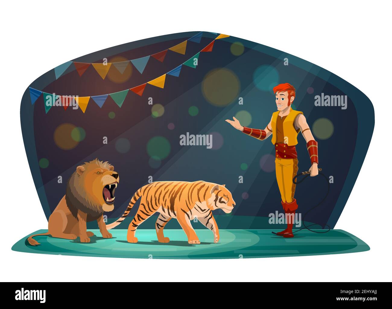 Circus arena and performance show with trained wild animals. Vector big top  circus animal tamer with whip performing with roaring lion and tiger in ar  Stock Vector Image & Art - Alamy