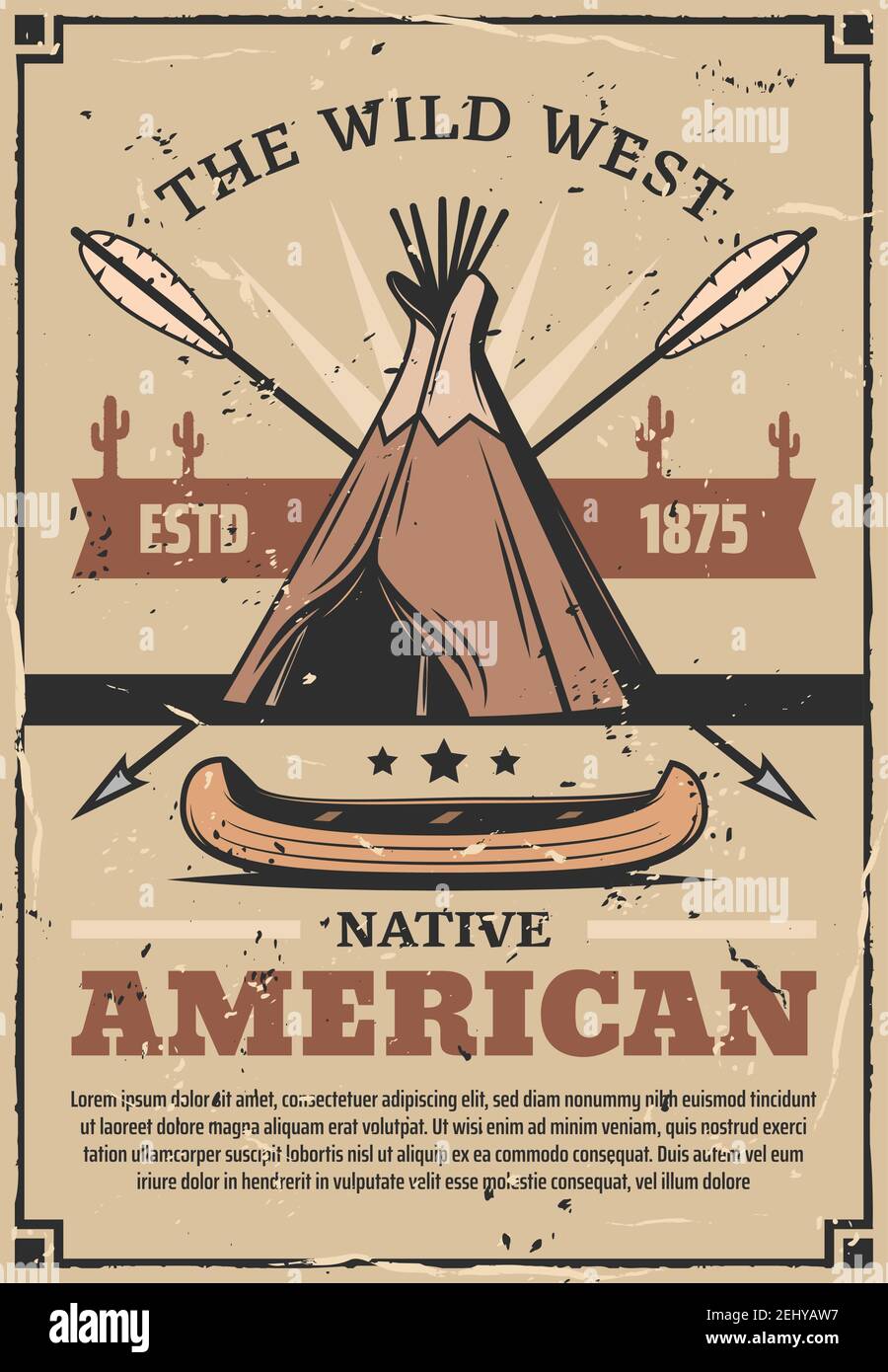 Indian wigwam,crossed arrows and canoe, wild west western poster, vector. Native dwelling of skin and wooden sticks, arrows and ancient water boat Stock Vector