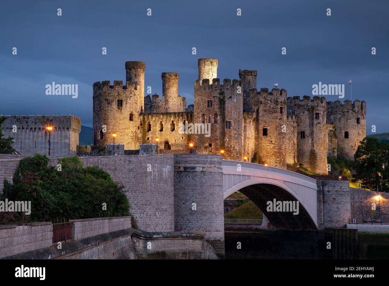 Conway Castle at dusk, North Wales Stock Photo
