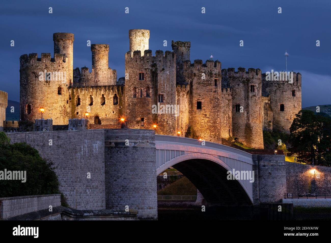 Conway Castle at dusk, North Wales Stock Photo