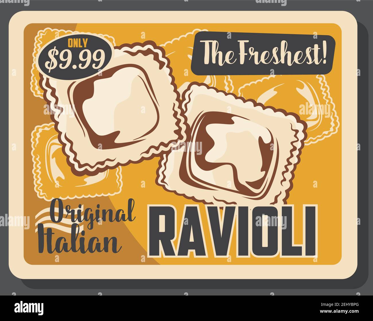 Ravioli pasta Italian cuisine dumpling with meat and vegetable fillings. Homemade agnolotti, square shaped pasta dough retro poster, traditional medit Stock Vector