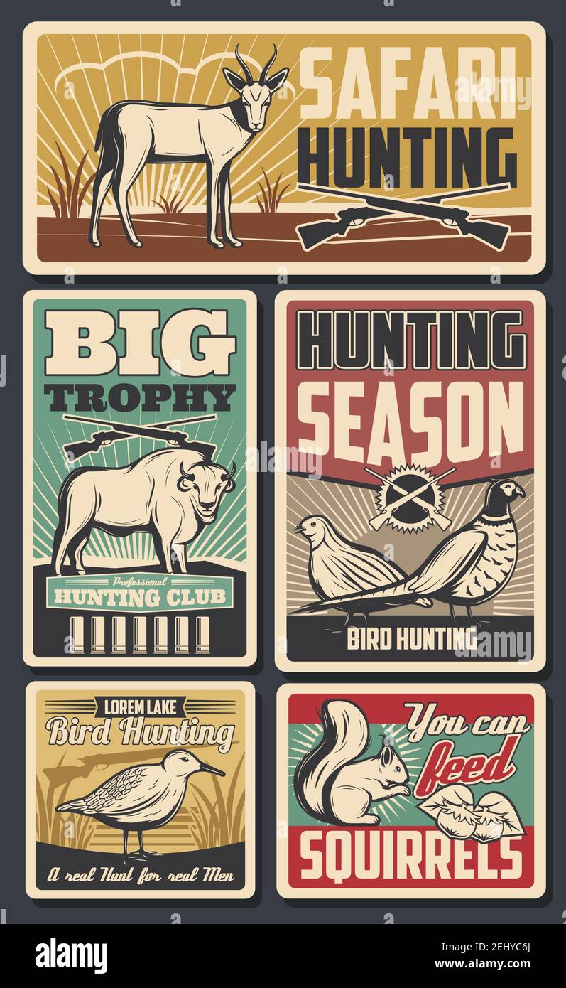 Hunting season, feathered birds and horned animals. Vector safari hunt, trophies deers and bison, pheasant. Squirrel with acorns and woodcock. Savanna Stock Vector