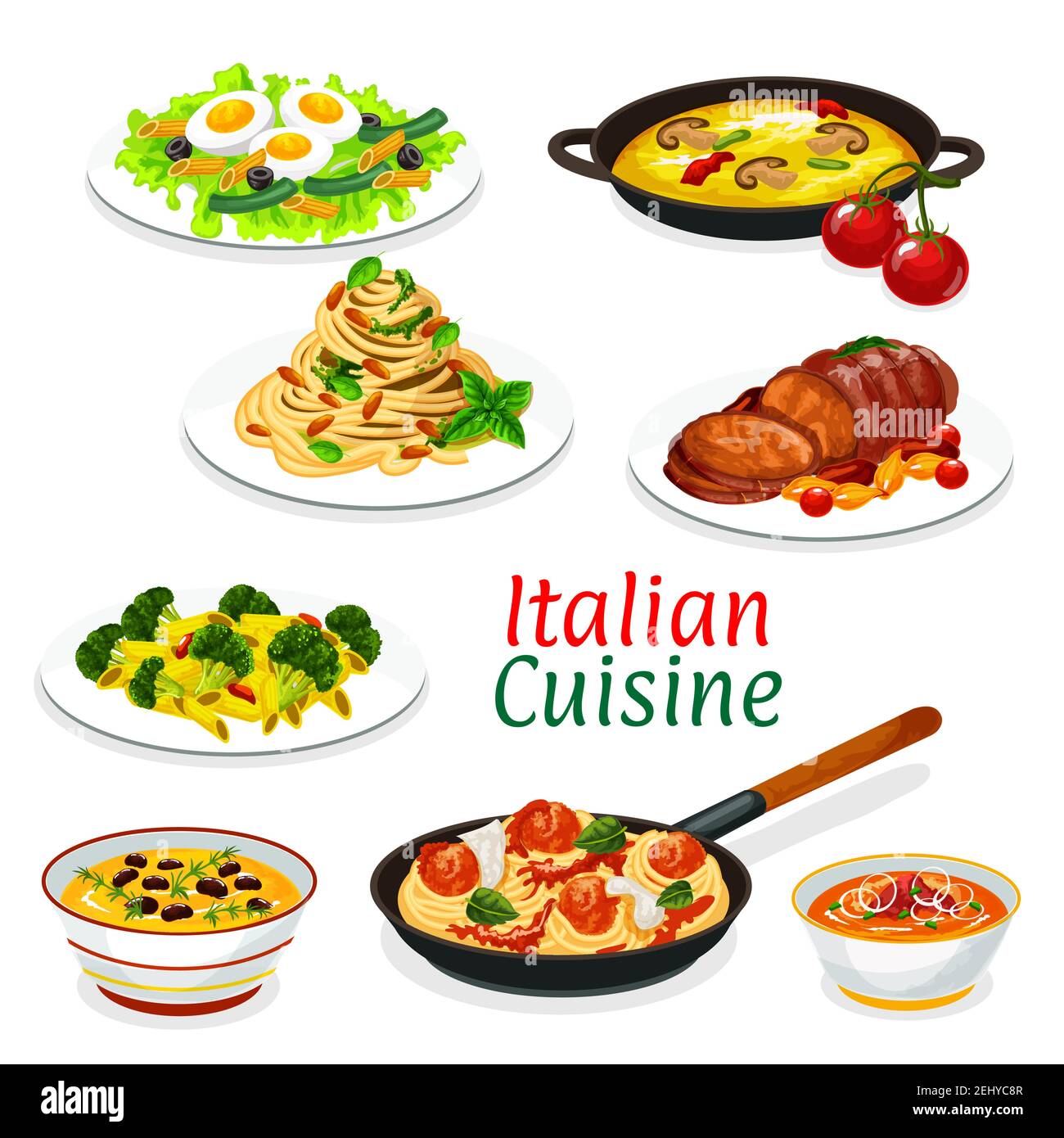 Italian cuisine dishes of pasta, meat and vegetable food. Tomato sauce meatball spaghetti, penne and fettuccine with cheese and pesto, tuna olive and Stock Vector