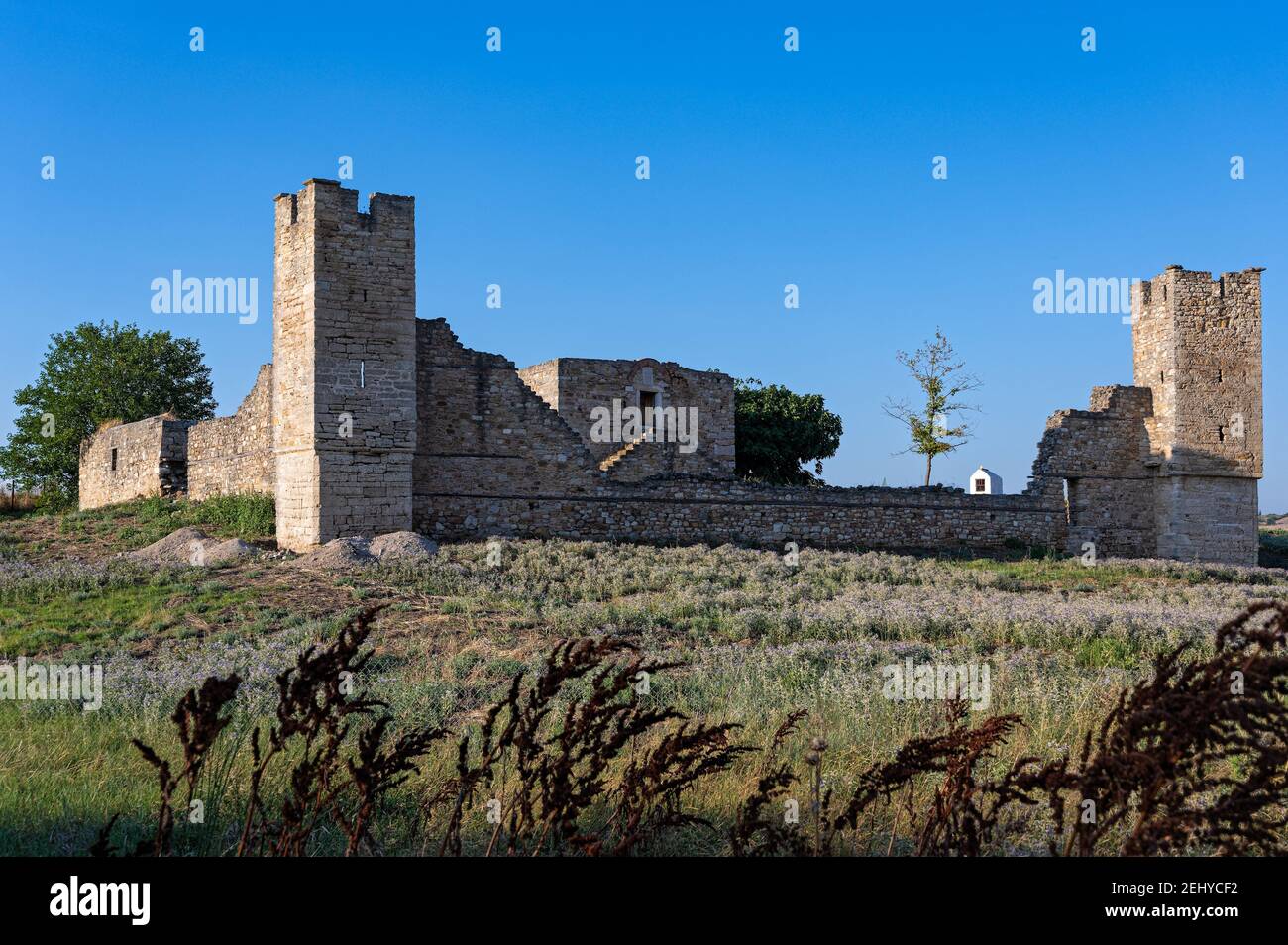 The ruined Dependency or Metochi of Agia Anastasia Monastery, once part of the now vanished Kritziana village in Halkidiki, Greece, built like a castl Stock Photo