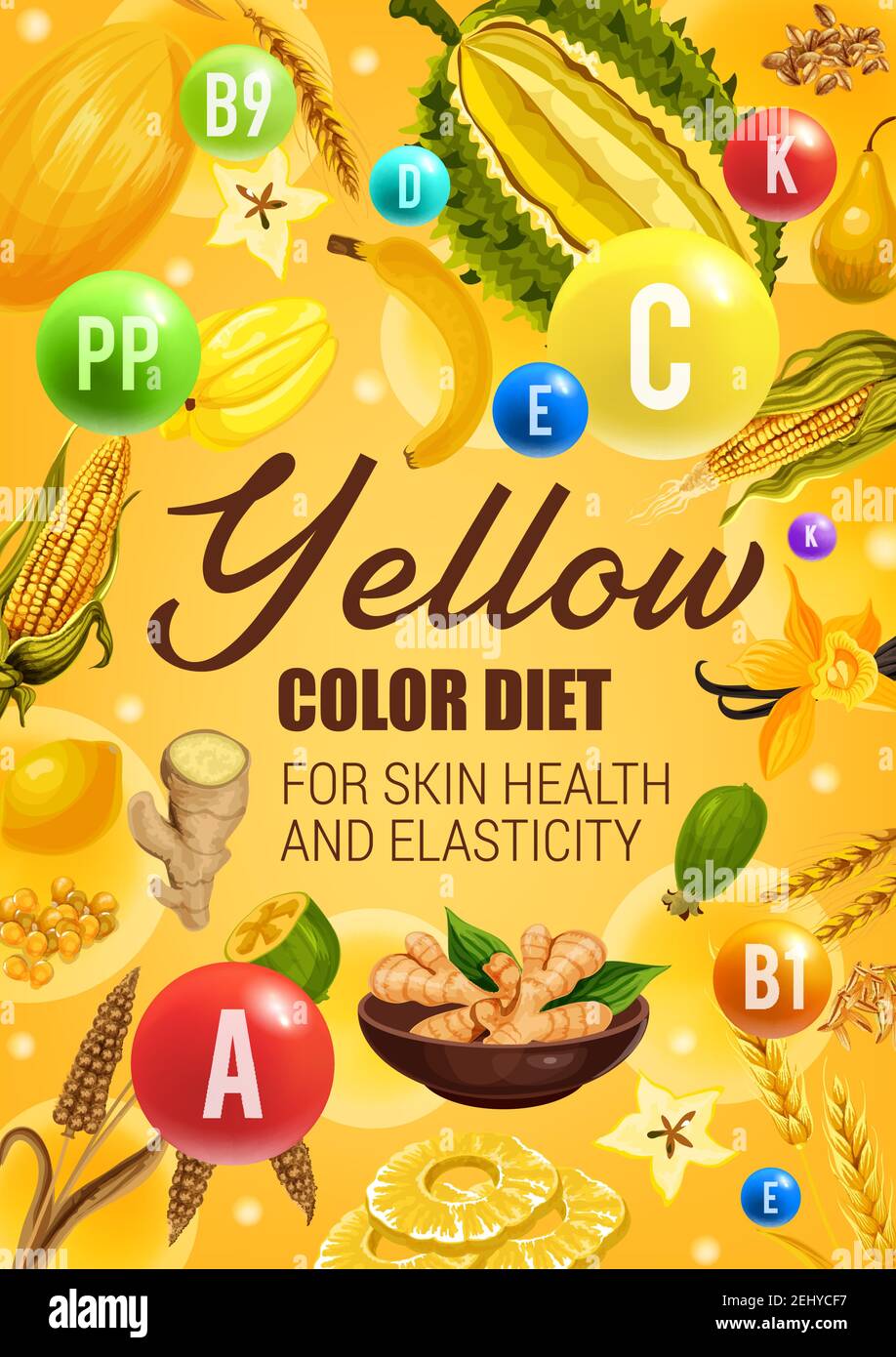 Yellow color diet vegetarian food ingredients, fruits, vegetables