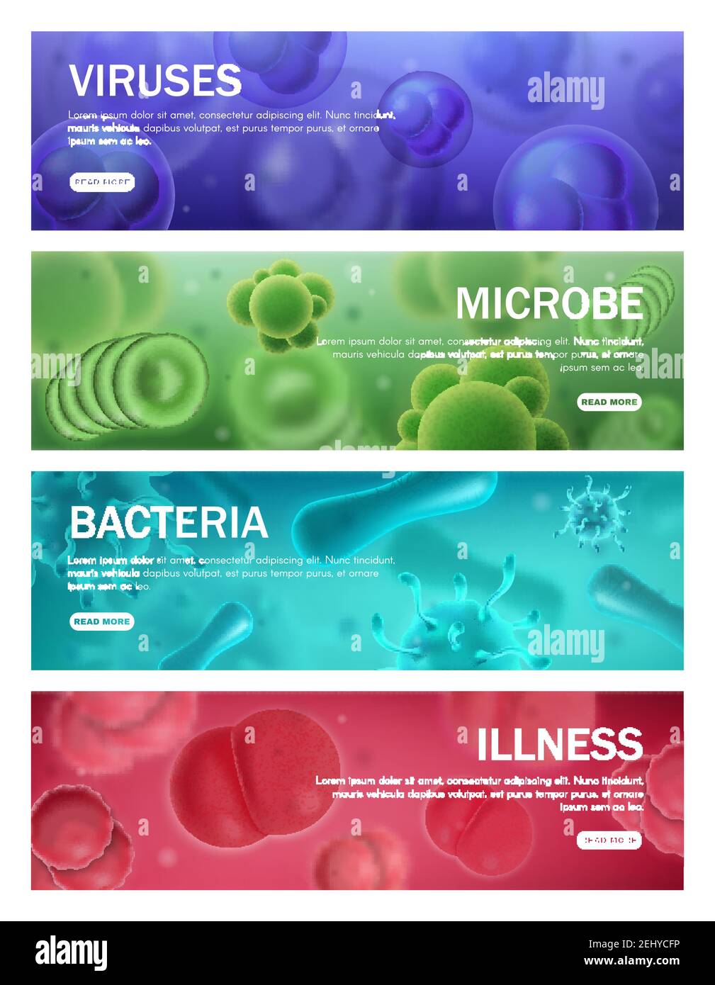 Viruses, bacteria and microbe medical viral disease banners. Vector bacterial infection pathogens and cells, microbiology science and infectious clini Stock Vector