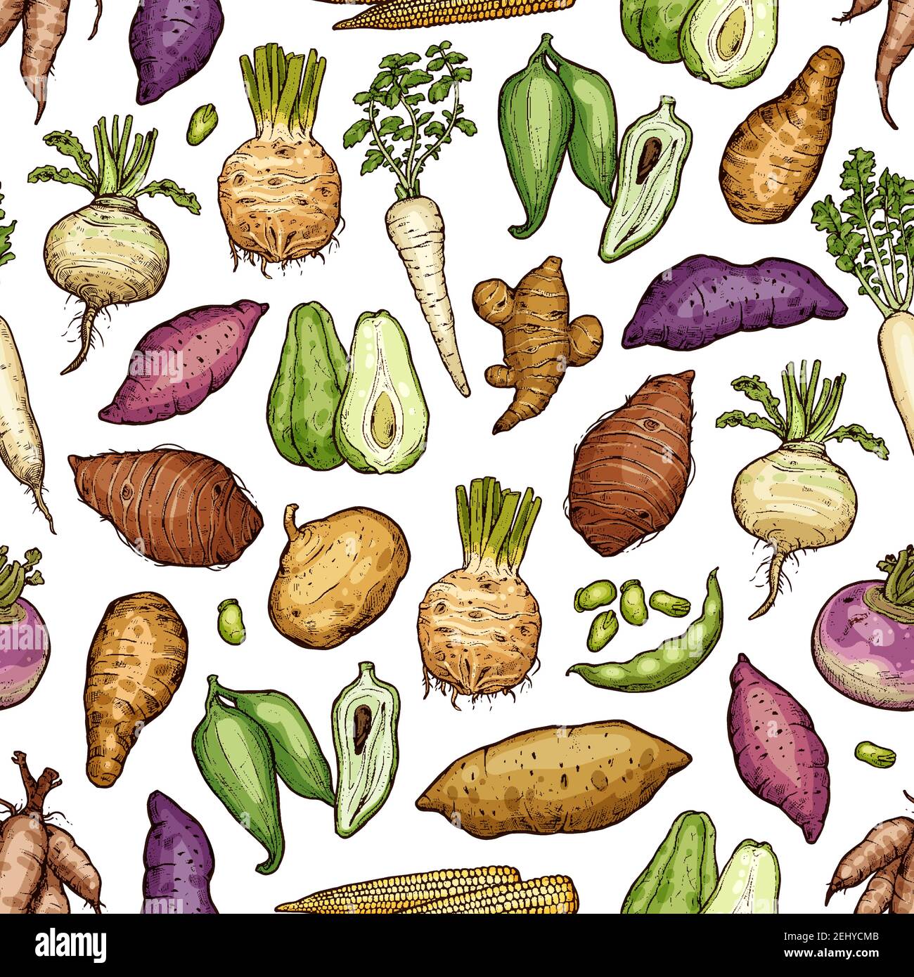 Exotic vegetables and roots seamless pattern. Vector arrakacha and swede, scoroner and chayote, artichoke and pea, mini corn, celery and beetroot, tur Stock Vector