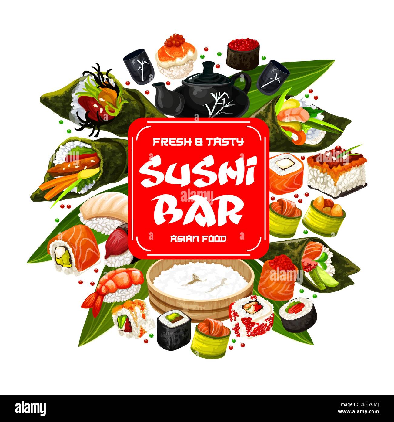 Demontere rense rødme Sushi bar menu, Japanese cuisine food. Vector roll and sashimi, ikura and  kappa or maki, shrimp or perch nigiri and caviar in seaweed, temaki and  tobi Stock Vector Image & Art -