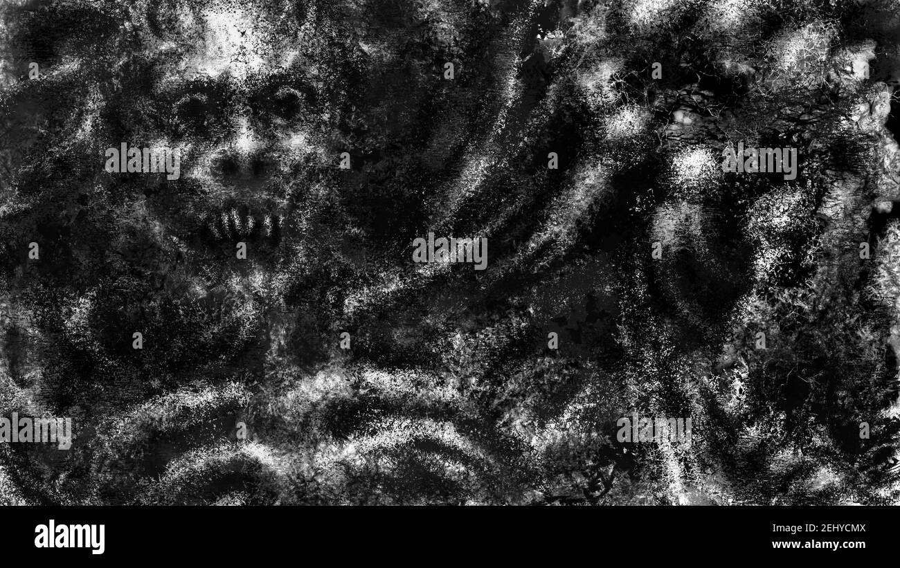 Dark face of corpse the screaming. Black and white illustration in horror fantasy genre. Scary background of remains. Burnt bones in ash and dirt. Glo Stock Photo
