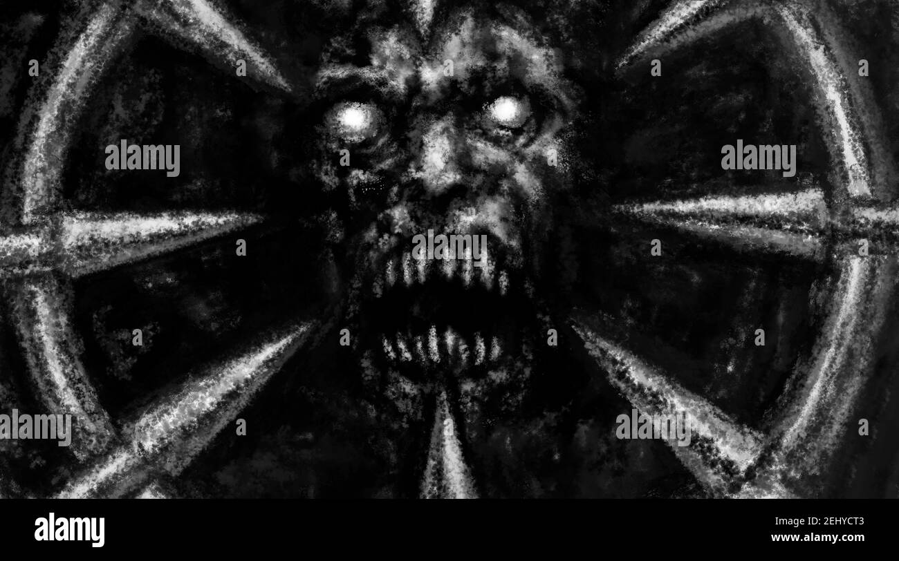 Scary demon face illustration Fearfully devil mask with spikes. Horror  fantasy digital art. Spooky 2D image. Gloomy character concept art. Culture  and Stock Photo - Alamy