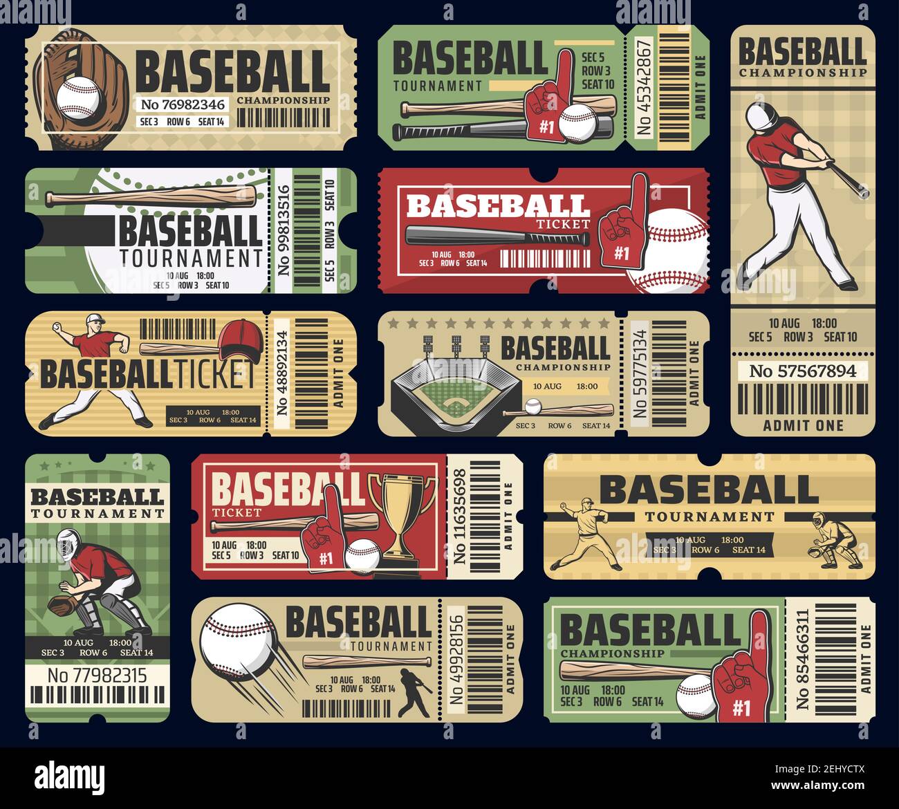 Baseball championship cup game tickets. Vector vintage tickets with