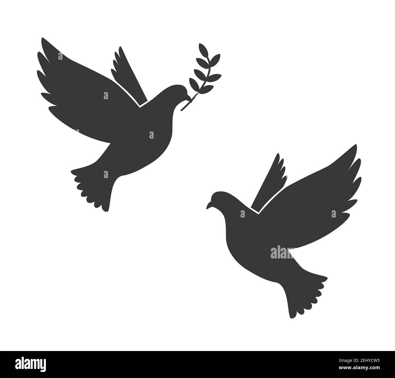 Black Silhouette of Flying Dove with Olive Twig Vector Icon Template