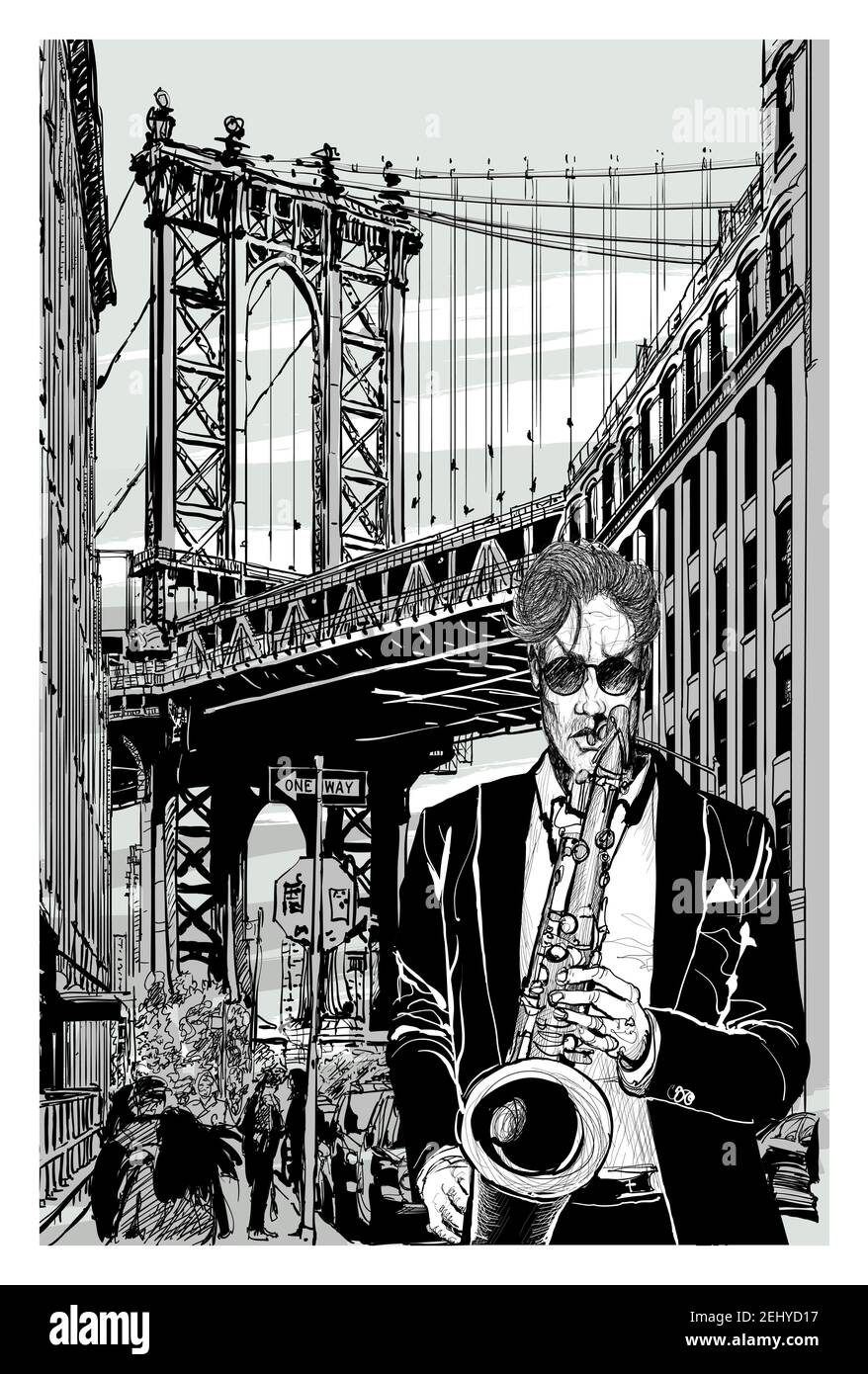 Saxophonist near Manhattan Bridge in brooklyn - vector illustration Stock Vector