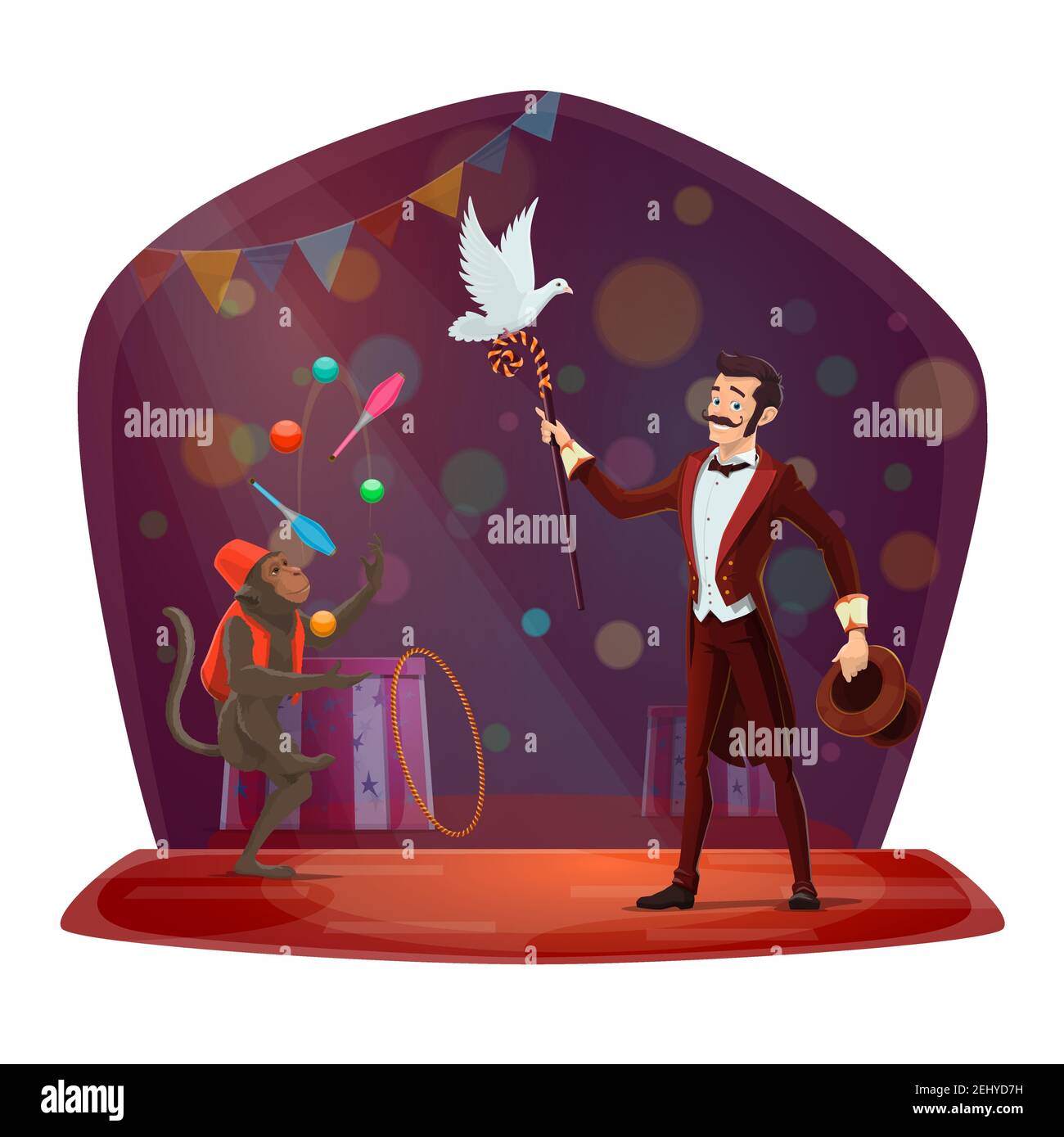 Circus illusionist and trained monkey juggling pins. Big top circus  magician man with hat and stick, magic show performance with dove on cartoon  arena Stock Vector Image & Art - Alamy