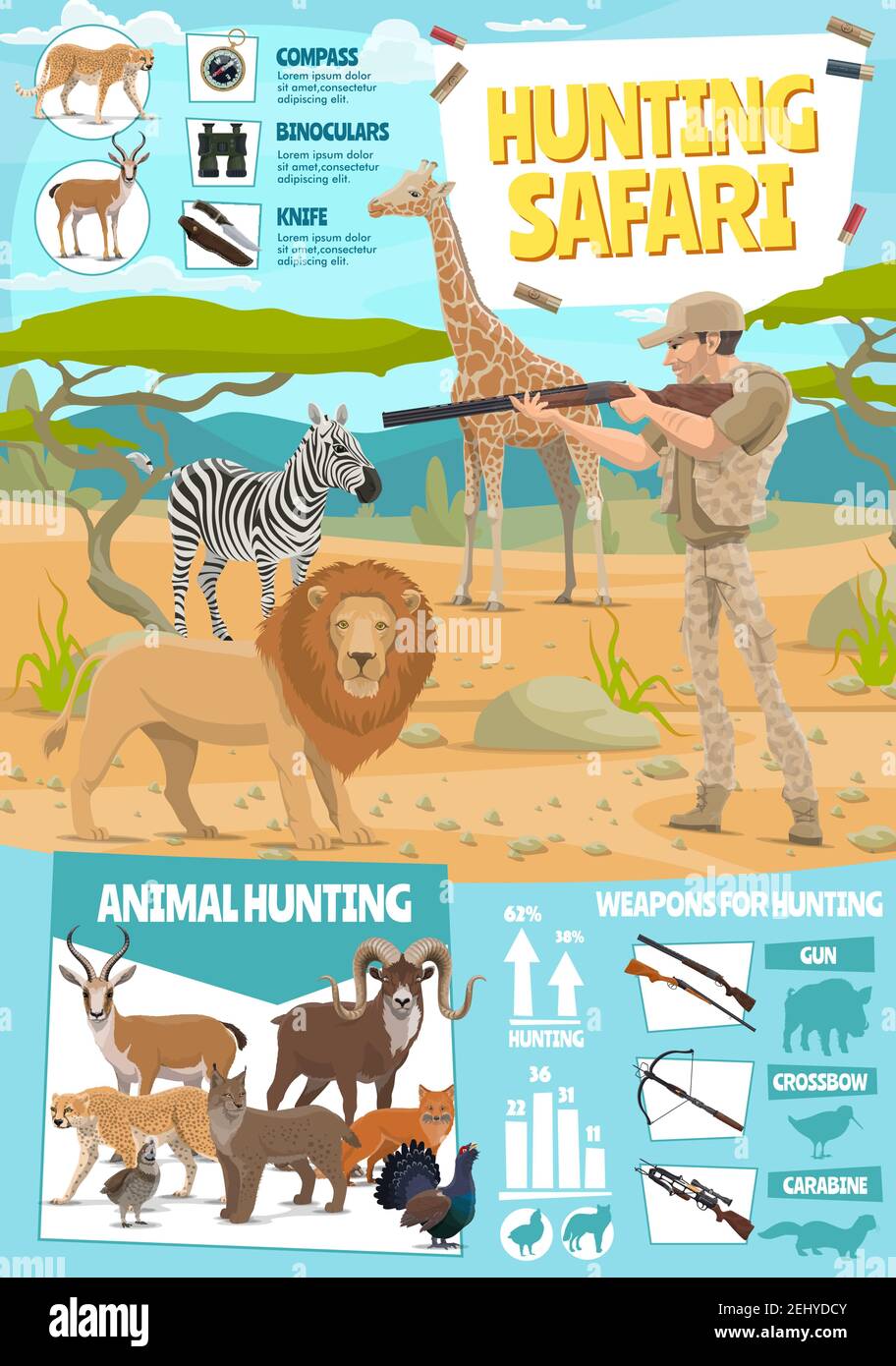 Hunting sport equipment and hunt season infographics. Vector statistic