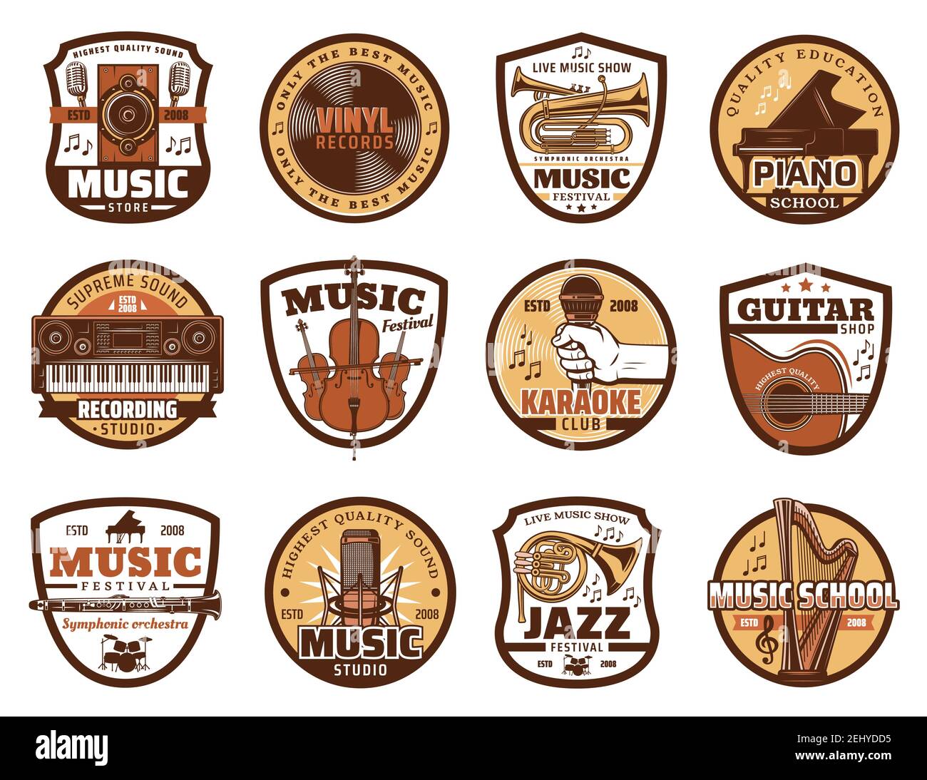 Music vector icons of musical instruments and recording studio equipments. Guitar, microphone and piano, violin, trumpet and vinyl records, drum, flut Stock Vector