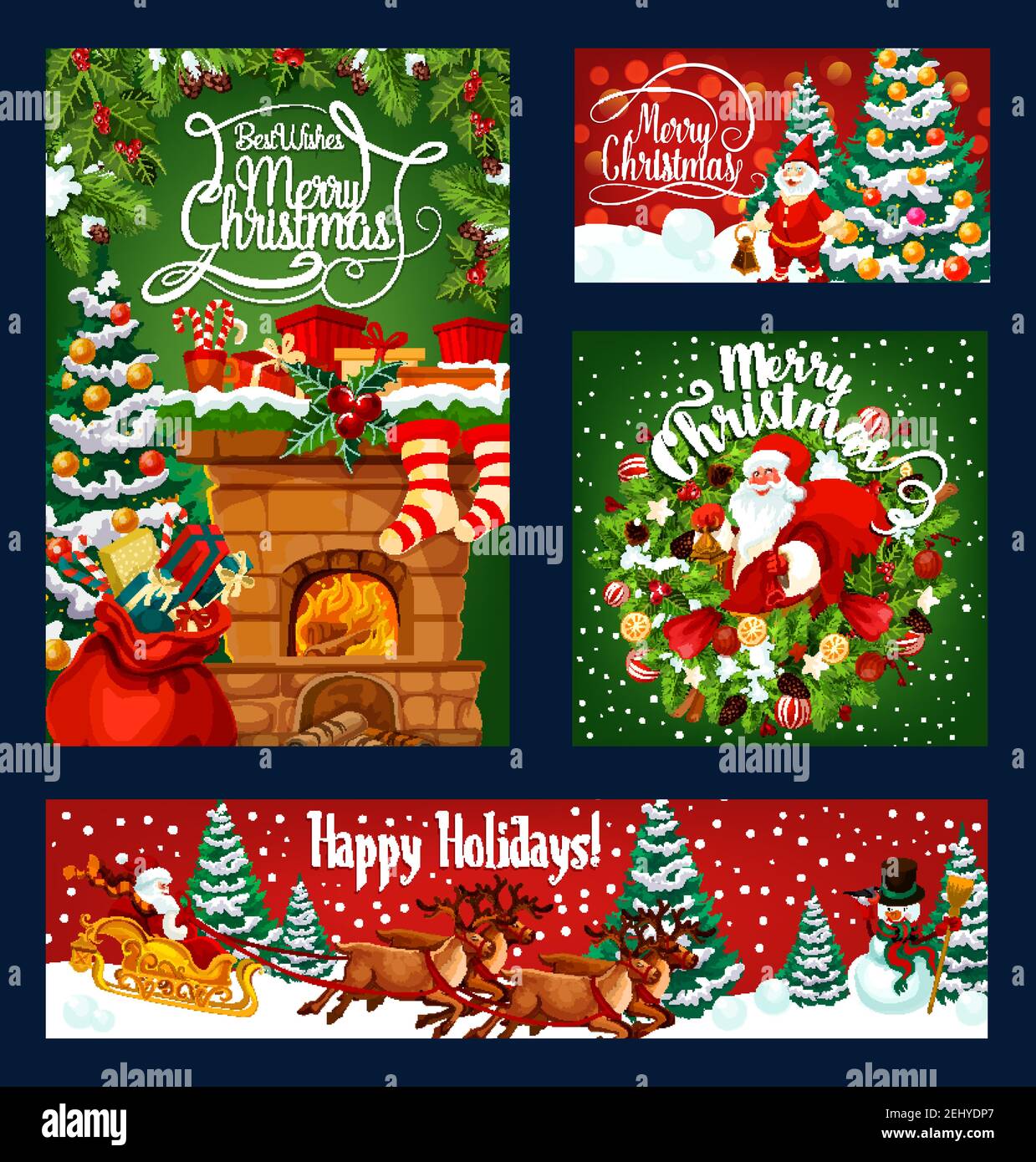 Merry Christmas greeting template on red and green snow background. Vector Xmas pine tree, balls and bell, snowman and gift stockings on fireplace chi Stock Vector