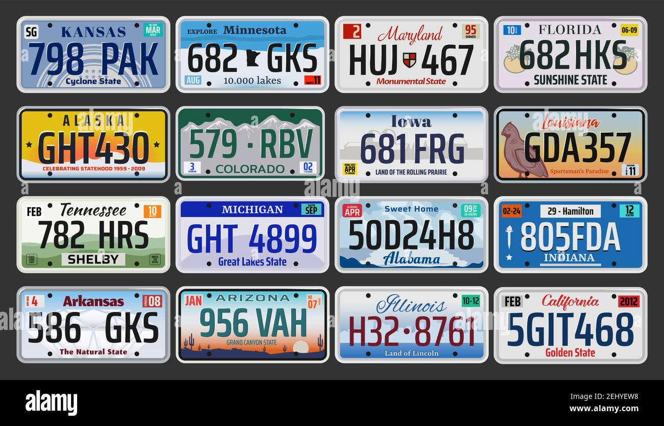 USA vehicle registration plates with state symbols. Vector American car number plates of Kansas, Minnesota or Maryland and Florida, Indiana and Tennes Stock Vector