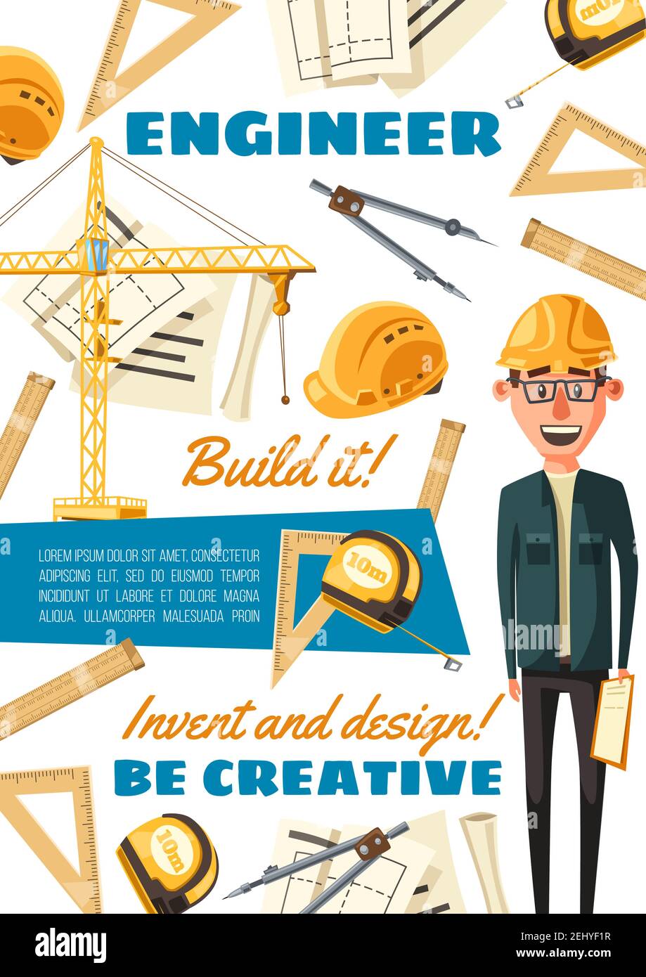 Construction engineer at building site. Vector engineering builder or constructor profession man in safety helmet with project plan, ruler and pencil Stock Vector