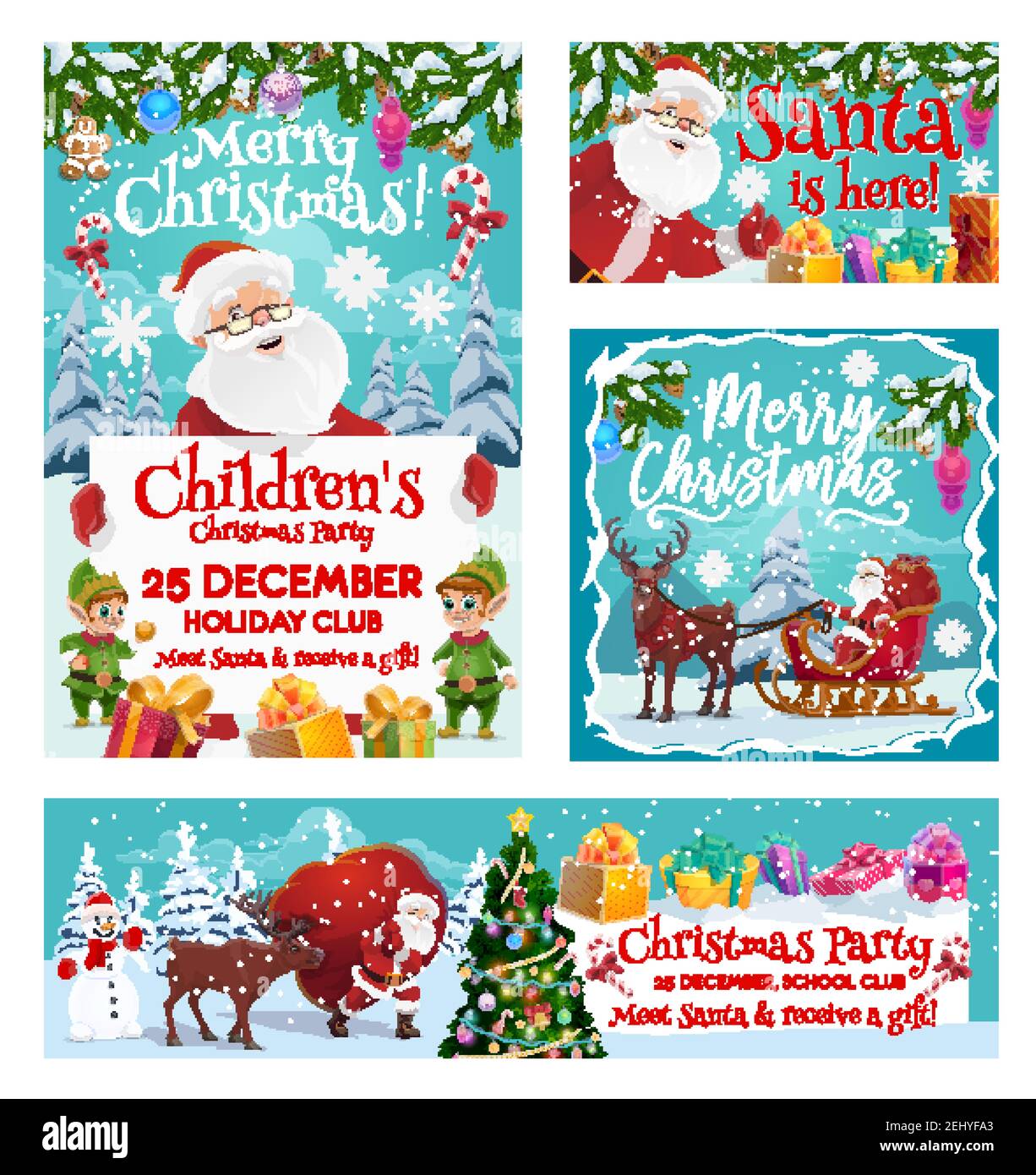 Merry Christmas party, Santa Claus and deer. Vector sleigh and gifts ...
