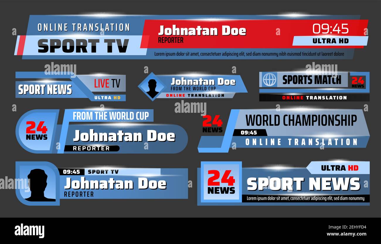 Sport TV translation backdrops and header title bar boxes. Vector sport  news television channel screen banners with names, world championship cup  scor Stock Vector Image & Art - Alamy