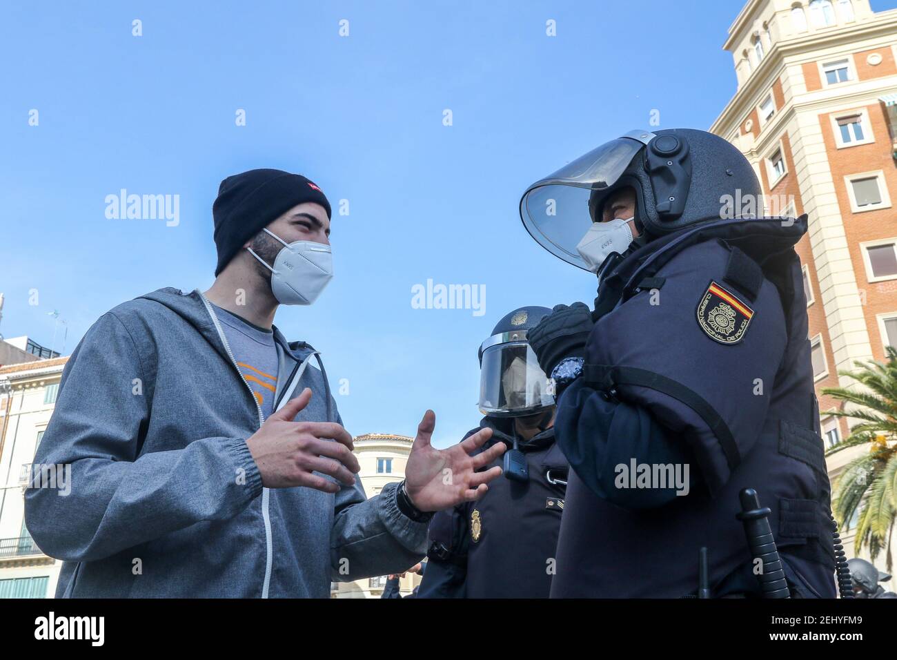 February 20, 2021: February 20, 2021 (Malaga) Around 300 people mobilize in support of Pablo Hasél in Malaga The protest, in which chants have been chanted against the Crown, has gone without incident. The protest was surrounded by a heavy police deployment. Credit: Lorenzo Carnero/ZUMA Wire/Alamy Live News Stock Photo