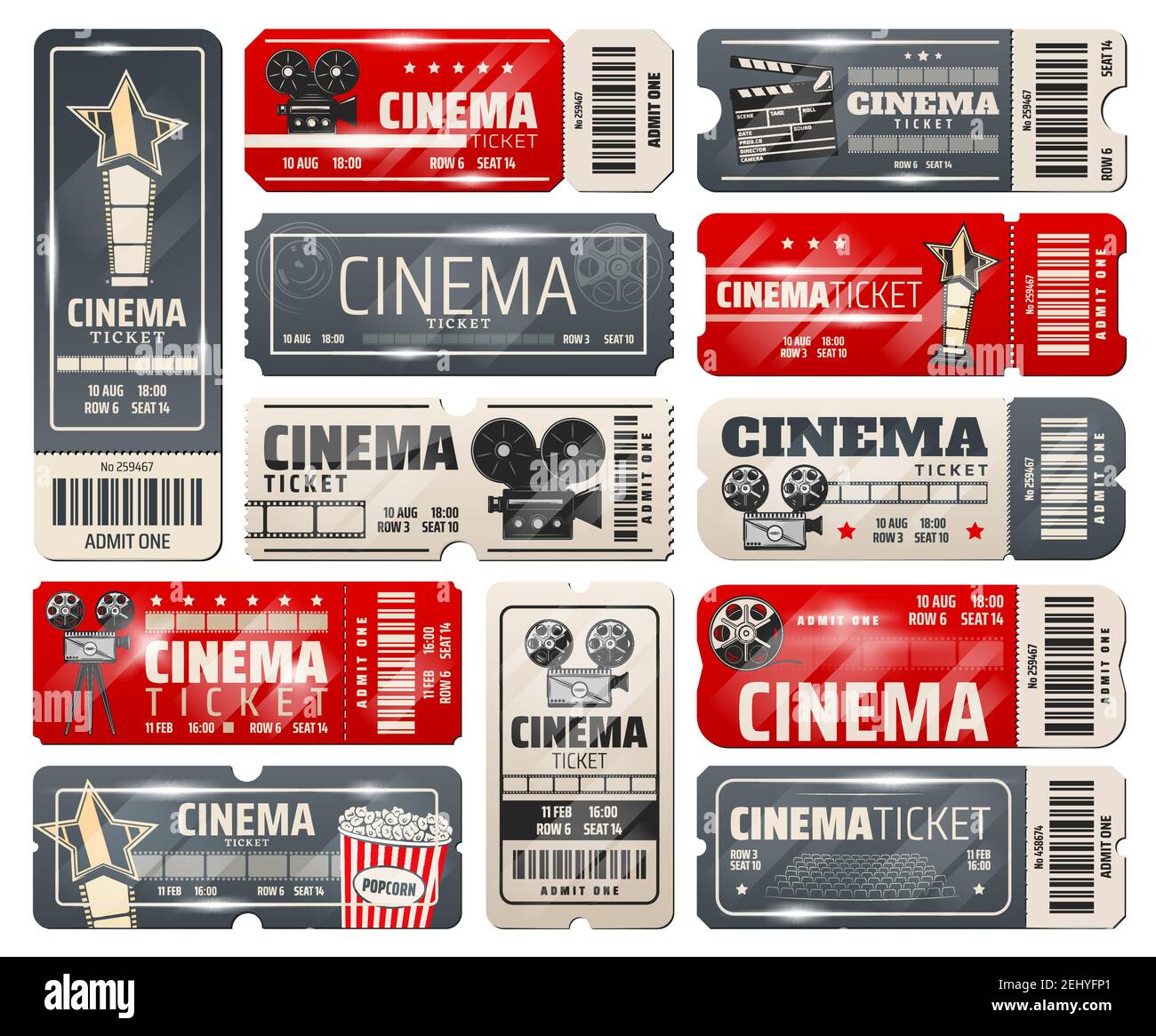 Cinema tickets vintage movie theater or cinematograph premiere night. Vector tickets with retro film camera pop corn and actor star award clapperboa Stock Vector Image Art Alamy