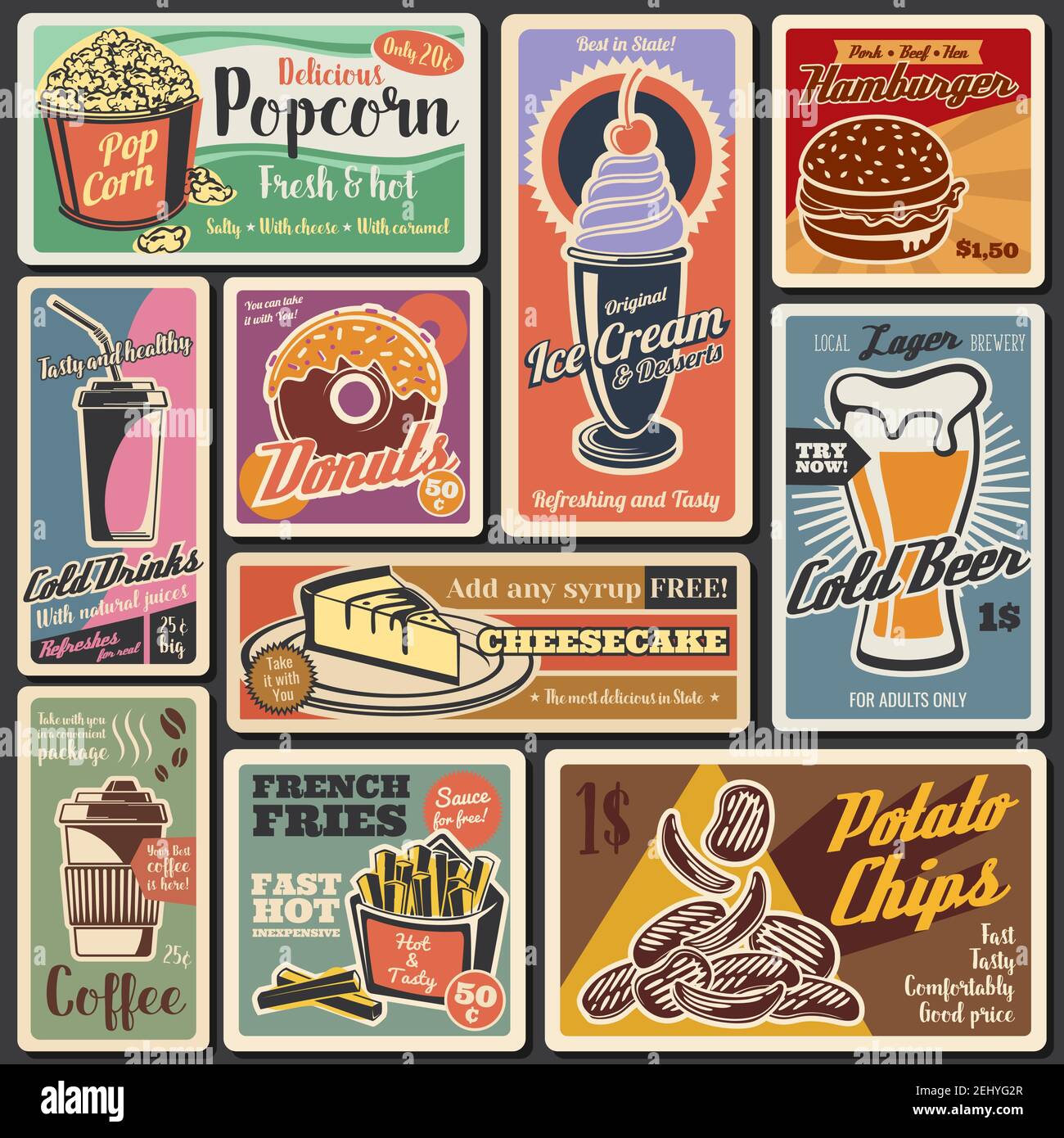 Fast food vintage retro menu posters. Vector fastfood restaurant