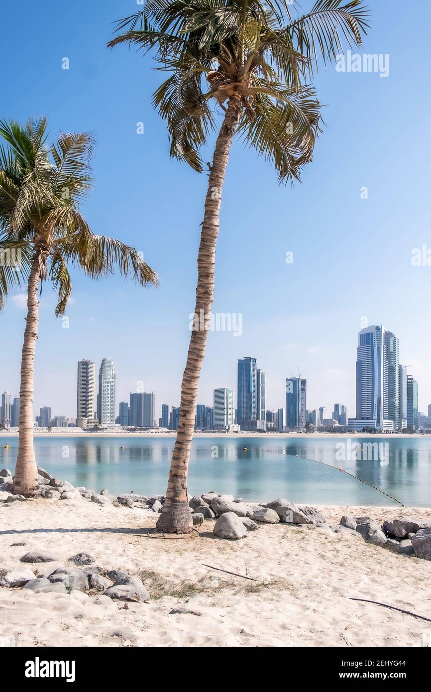 Al Mamzar Beach, Dubai, United Arab Emirates. Stock Photo