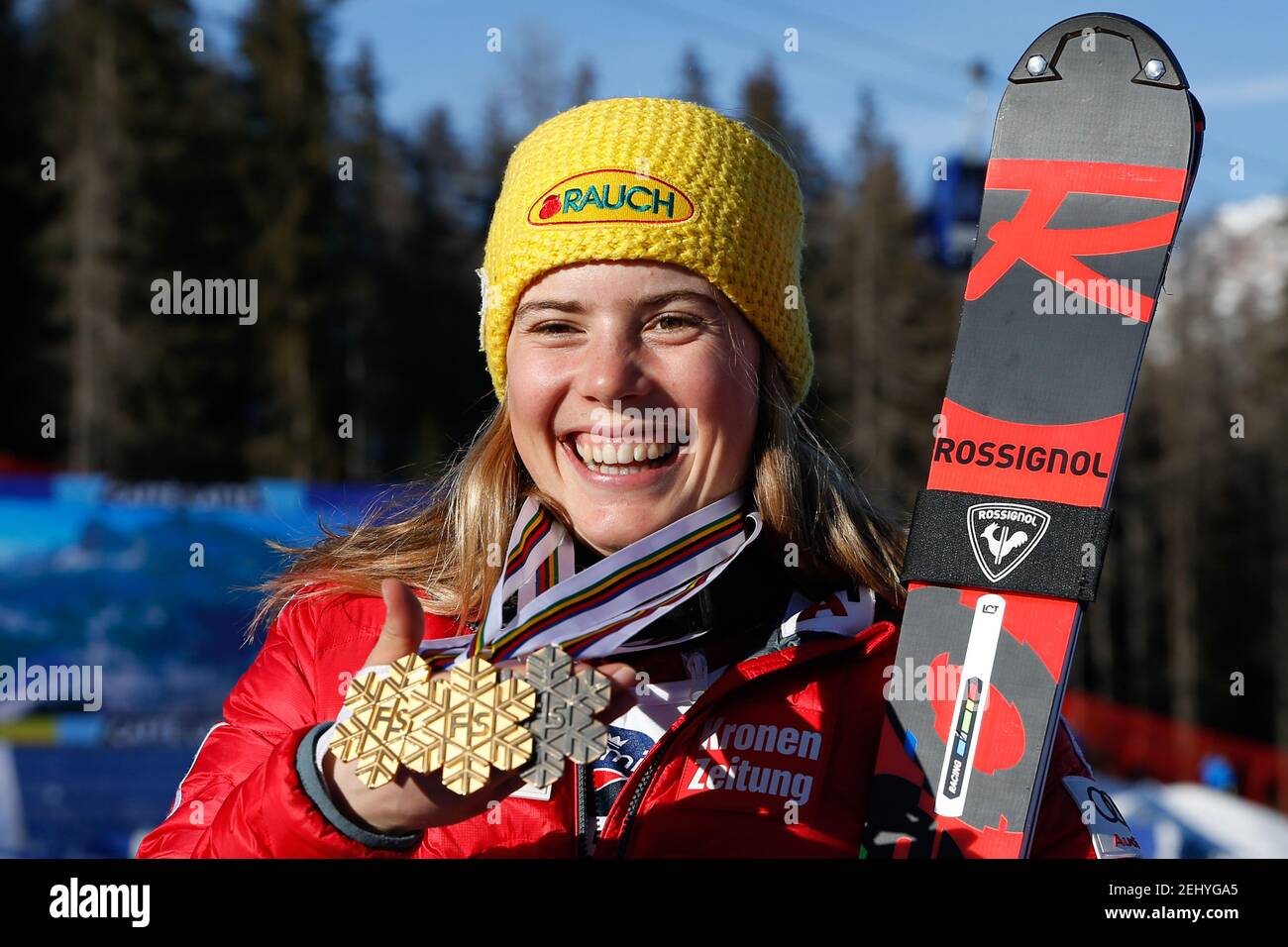 2/20/2021 - Katharina Liensberger (AUT) with her three medals in this World  Championships during 2021 FIS Alpine World SKI Championships - Slalom -  Women, alpine ski race in Cortina (BL), Italy, February