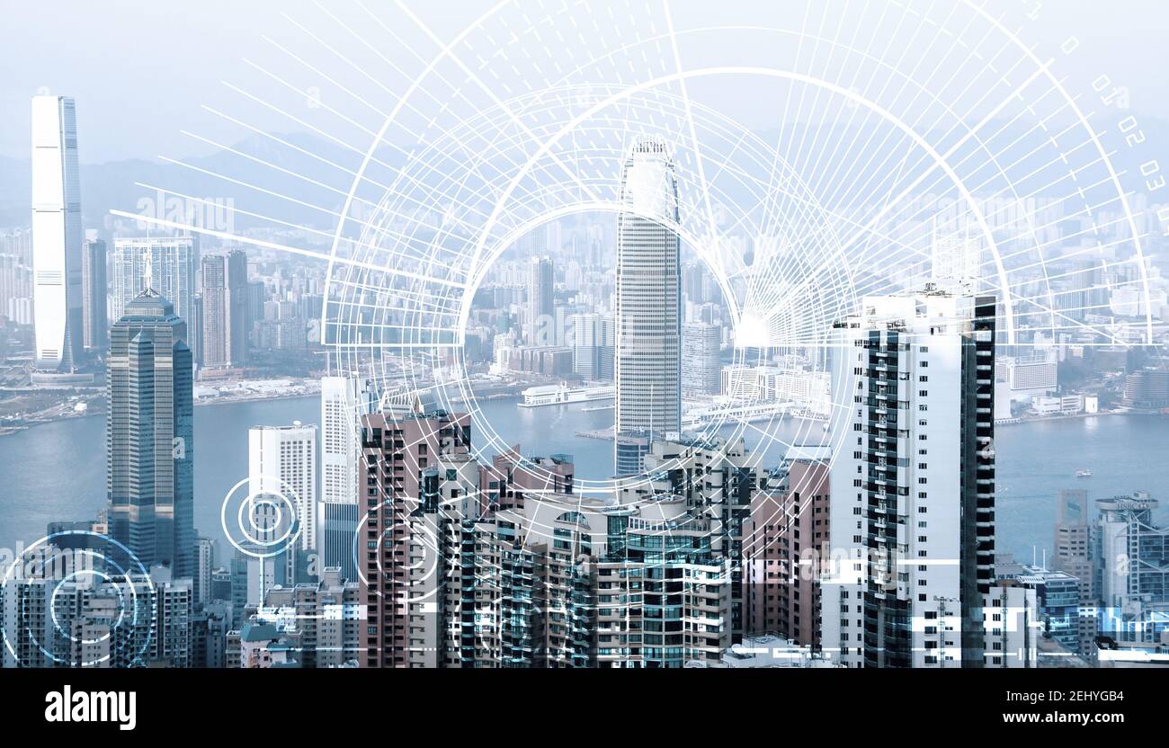 Laboratorium Blaze Wens Modern urban skyline. Global communications and networking. Cyberspace in  big city. High-speed data and internet connection Stock Photo - Alamy