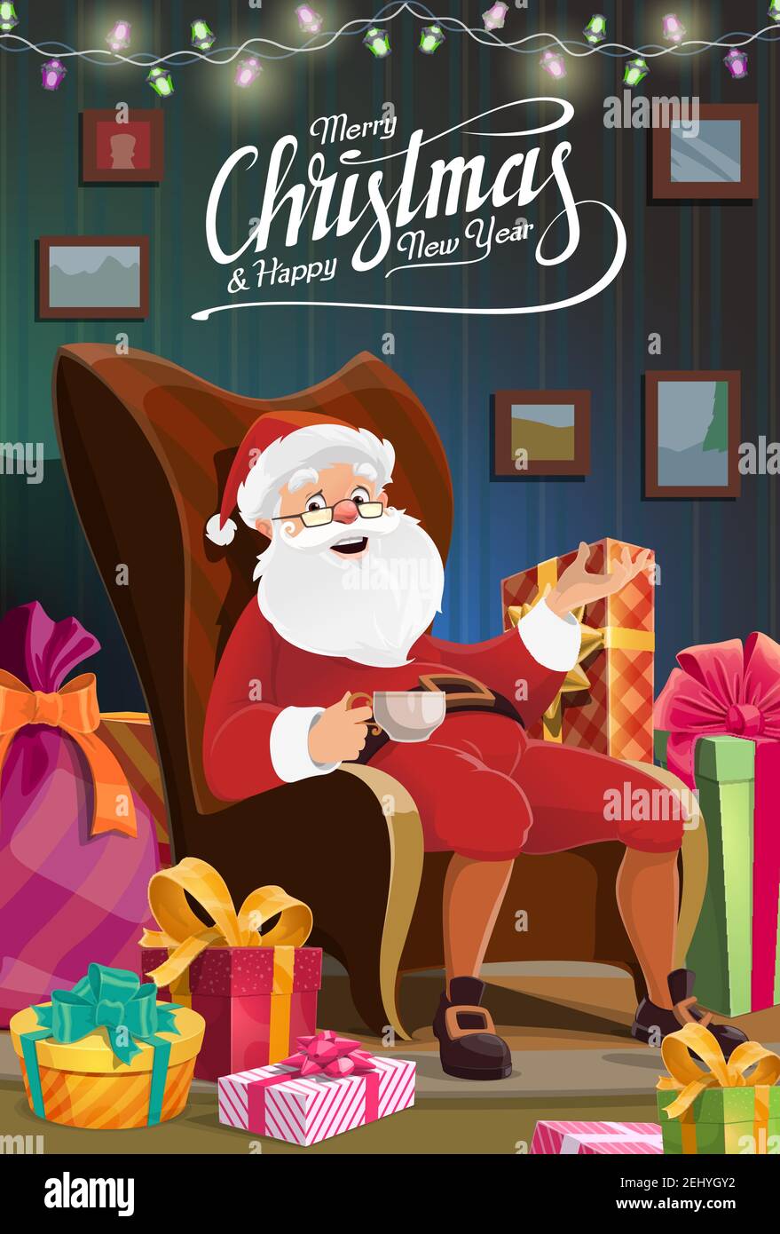 Merry Christmas, Santa on winter holidays sitting in chair at house and drink tea. Vector Christmas and Happy New Year wish, Xmas tree lights, gifts w Stock Vector