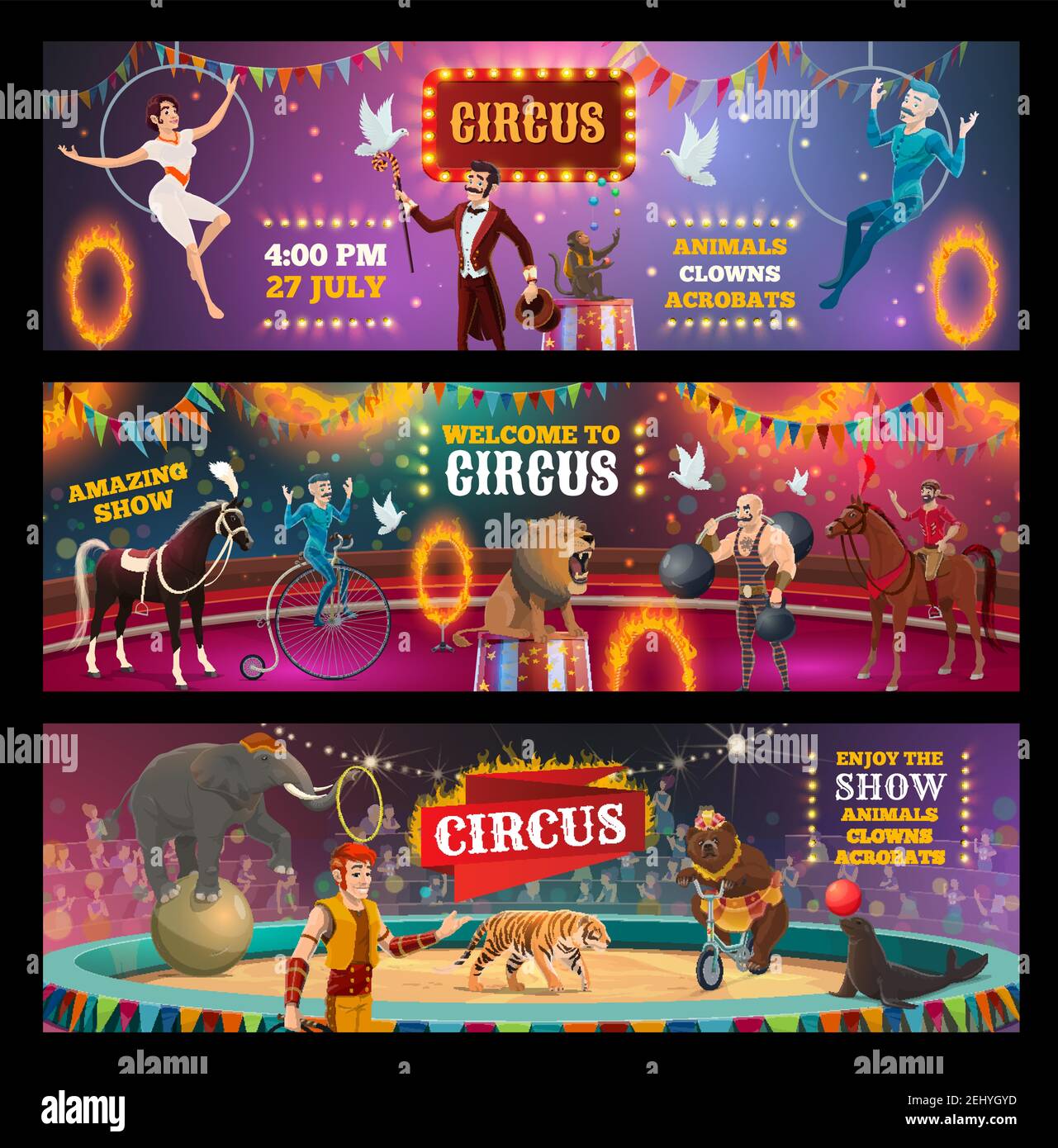 Vector circus show and carnival performance of clown, magician and ...
