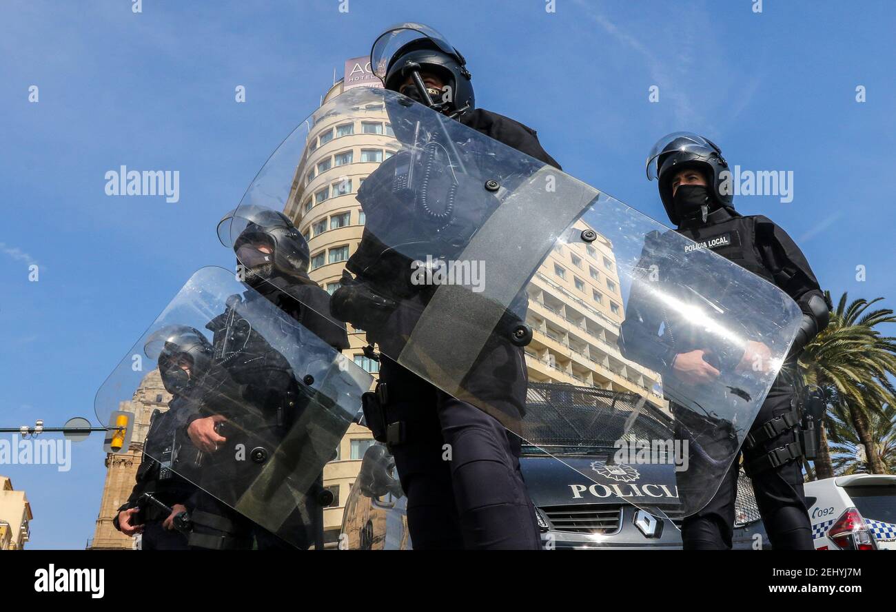 February 20, 2021: February 20, 2021 (Malaga) Around 300 people mobilize in support of Pablo Hasél in Malaga The protest, in which chants have been chanted against the Crown, has gone without incident. The protest was surrounded by a heavy police deployment. Credit: Lorenzo Carnero/ZUMA Wire/Alamy Live News Stock Photo