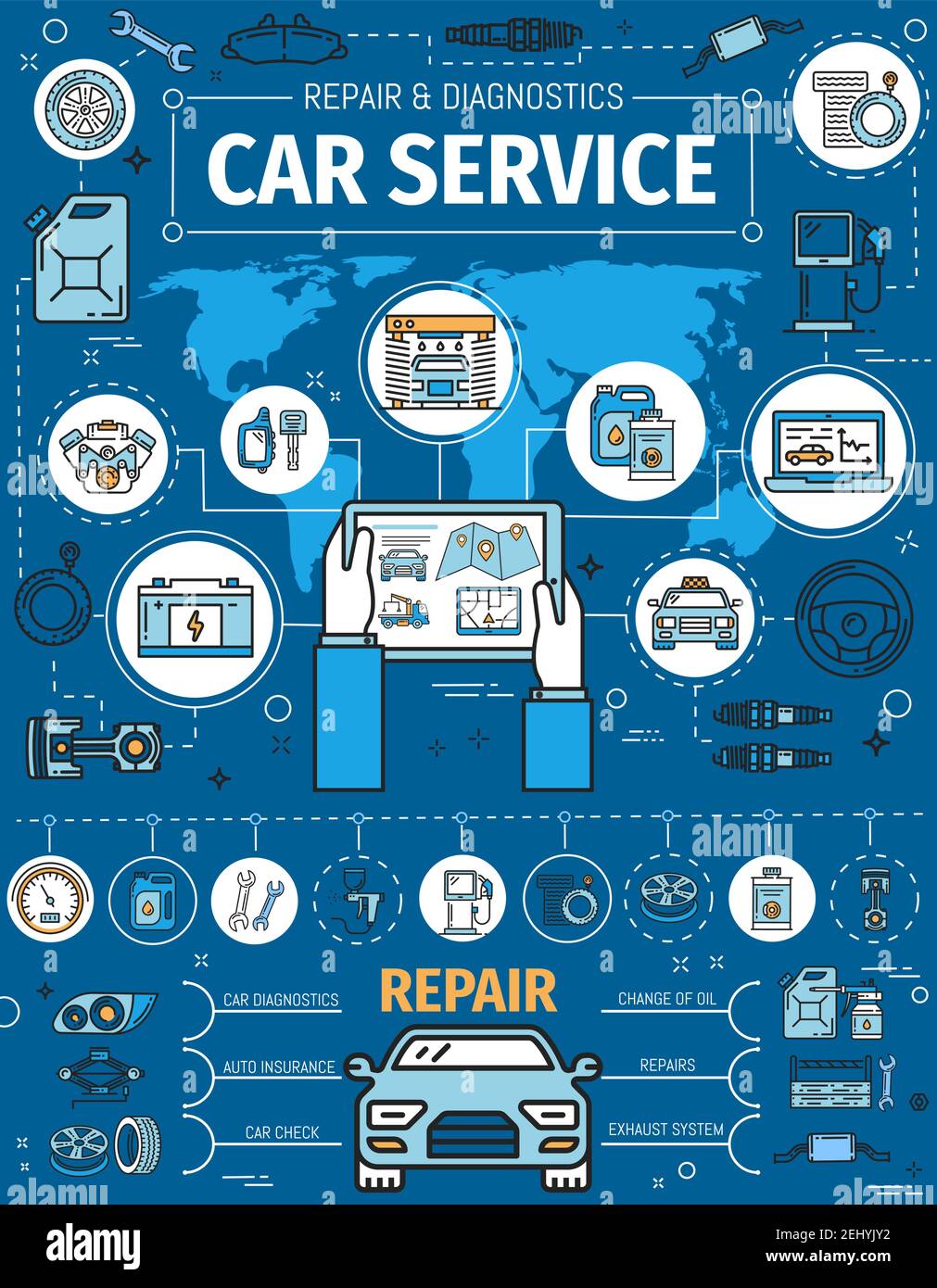 Car garage station and mechanic repair auto service center poster. Vector thin line car diagnostics, engine oil change, tire mounting and pumping, aut Stock Vector