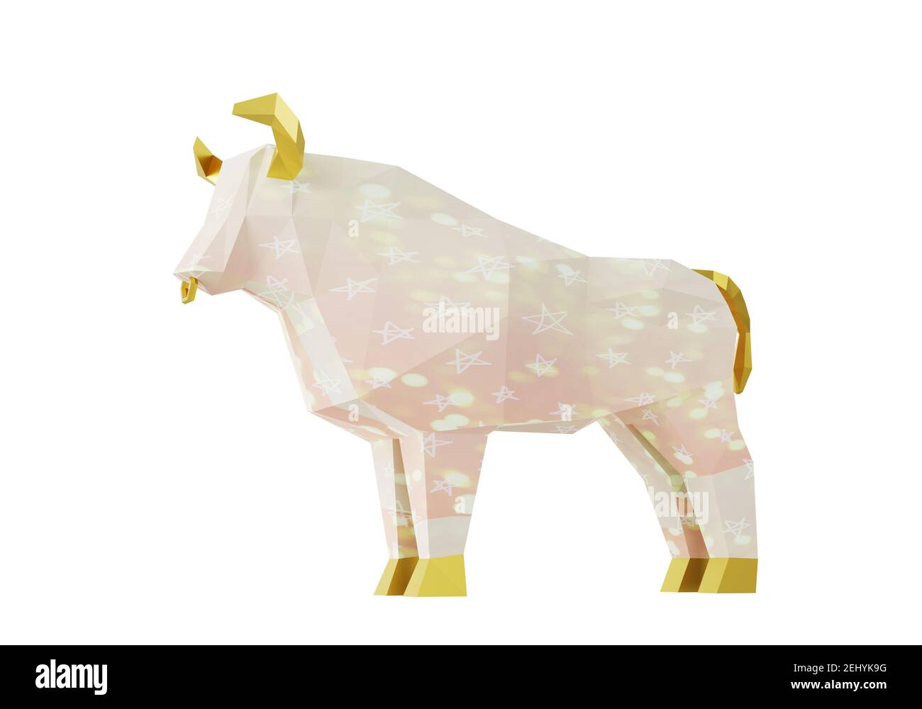Low Poly Light Pink Bull with stars, folded paper animal figurine, 3d render Stock Photo